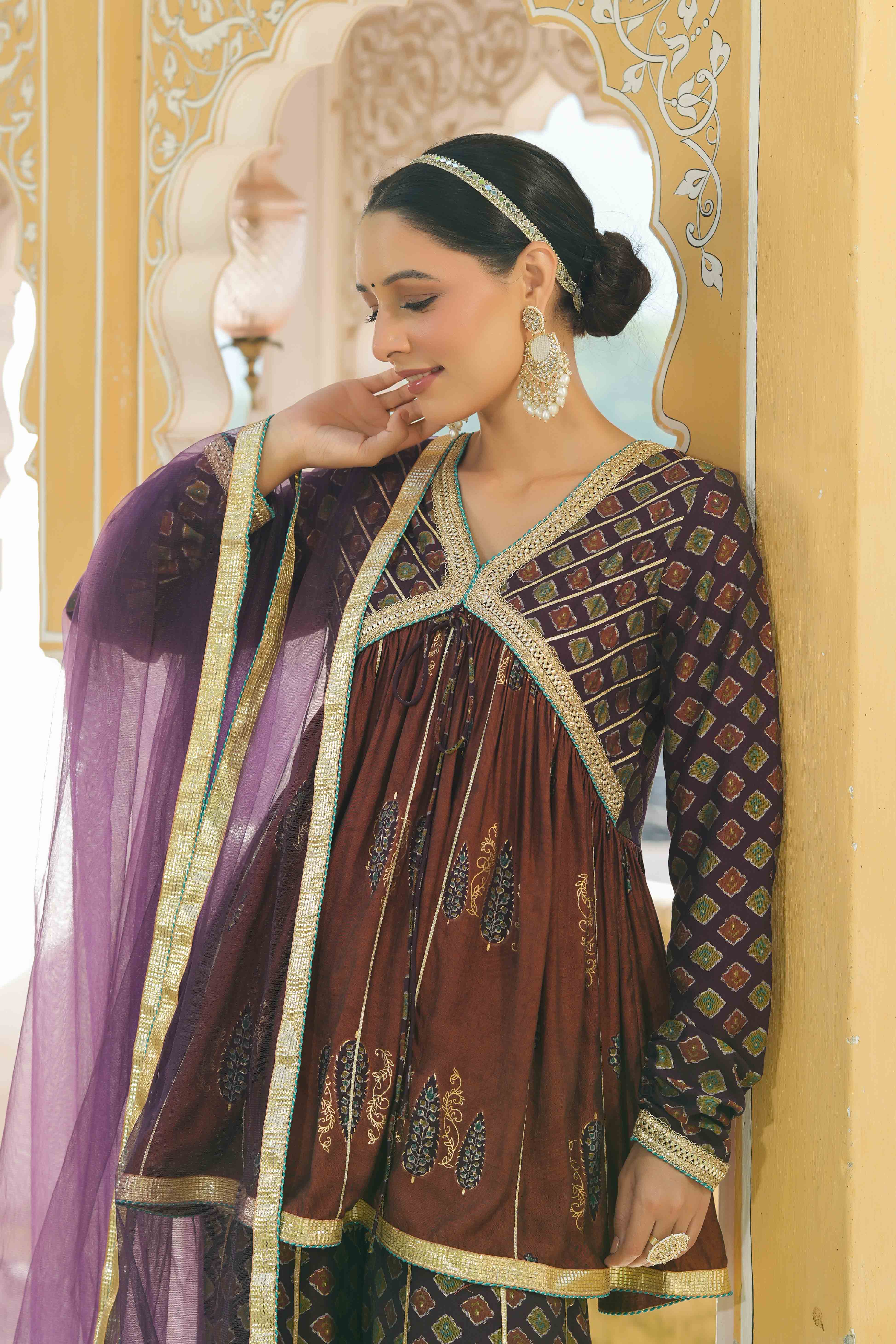 Brown Muslin Gotapatti Sharara Set