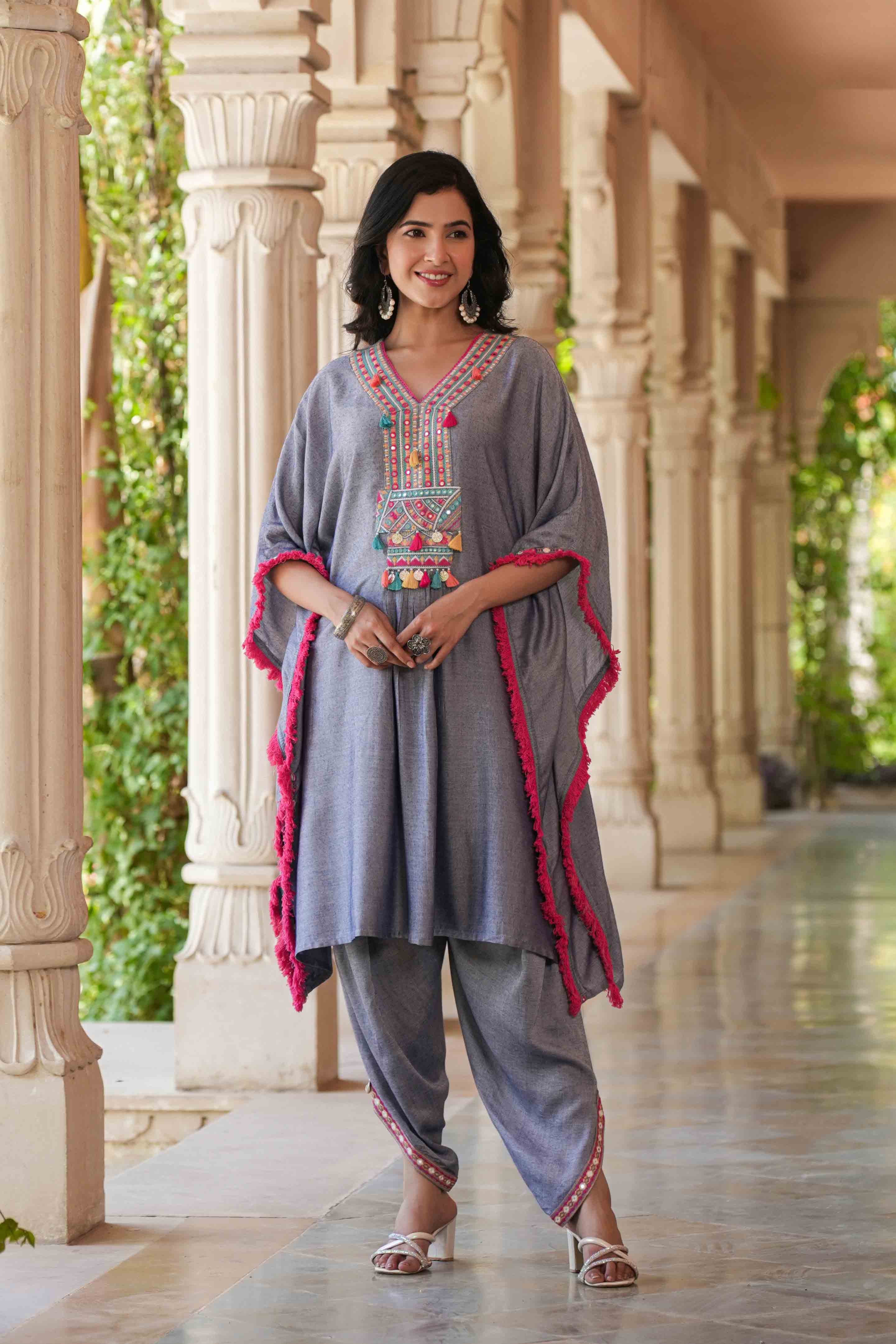 Blue Embroidered Kaftan Set With Purse
