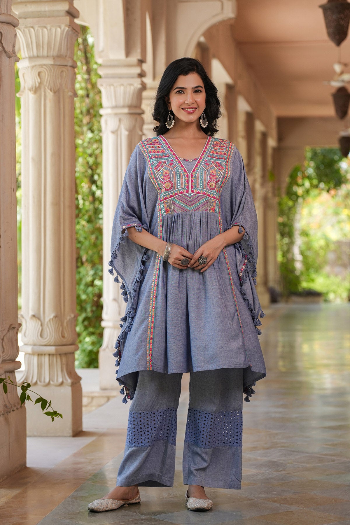 Sky Embroidered Kaftan Set With Purse