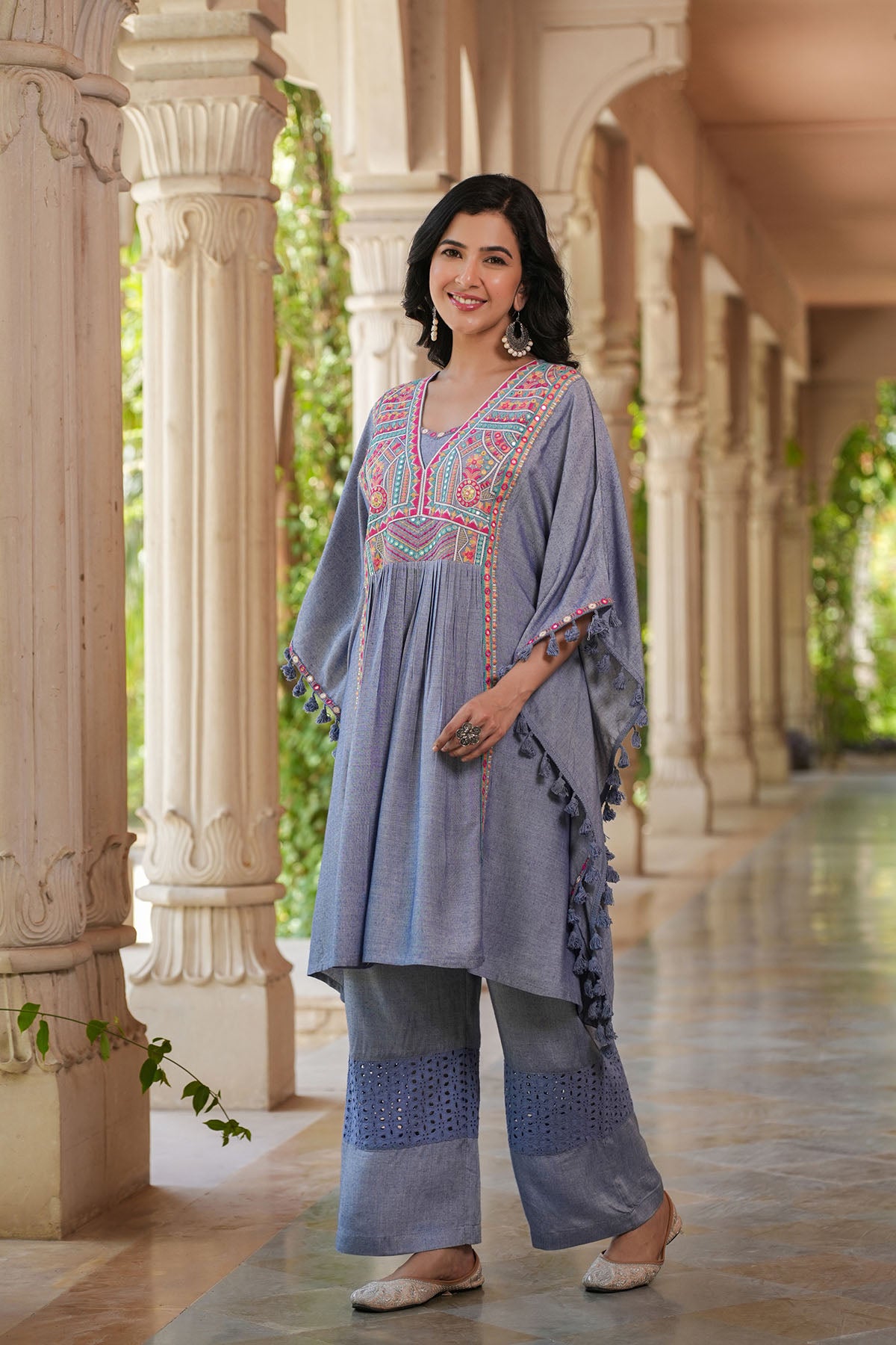 Sky Embroidered Kaftan Set With Purse
