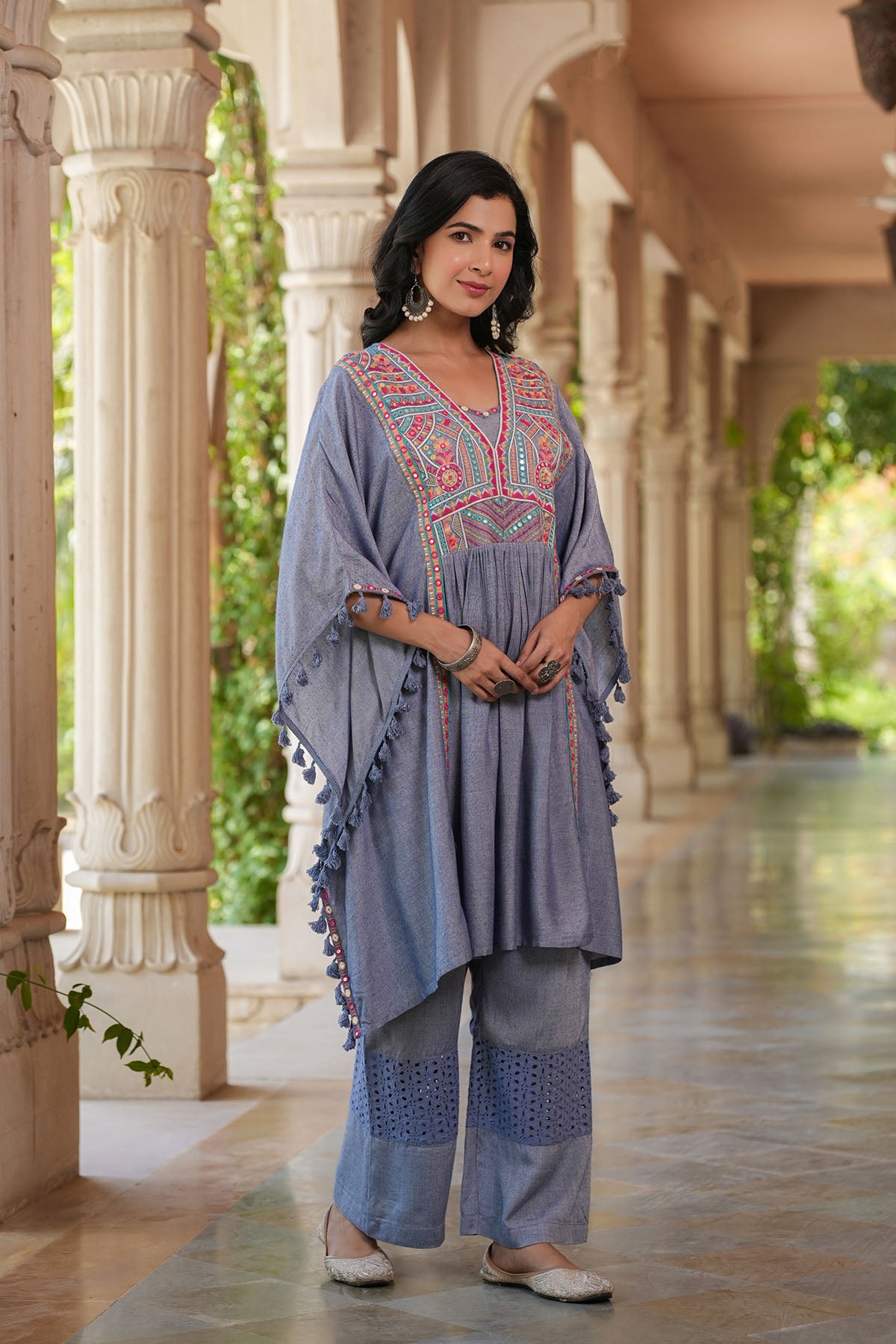 Sky Embroidered Kaftan Set With Purse