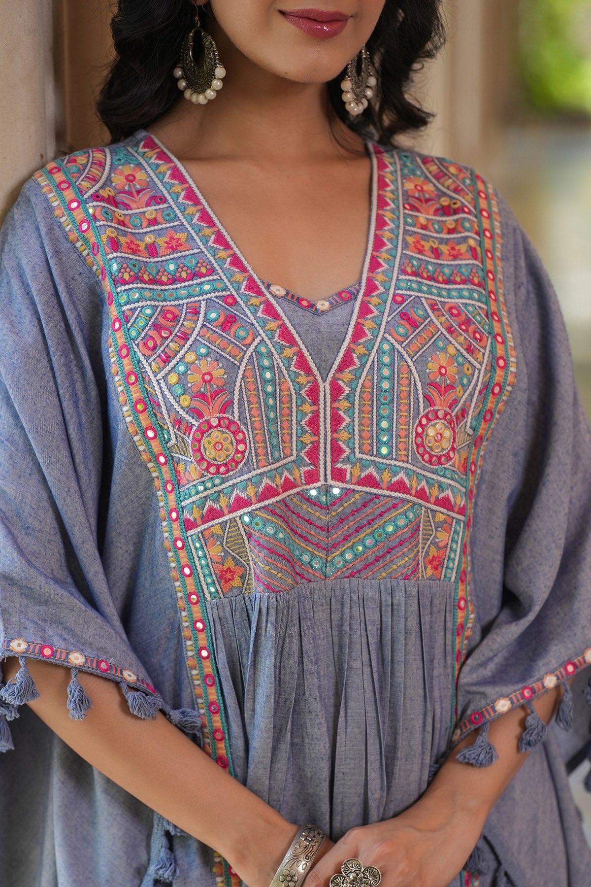 Sky Embroidered Kaftan Set With Purse