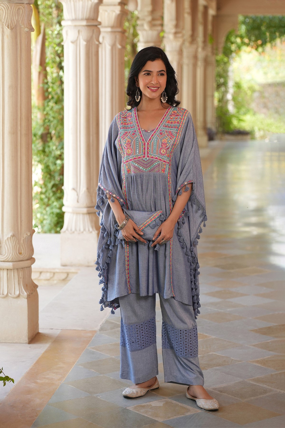 Sky Embroidered Kaftan Set With Purse