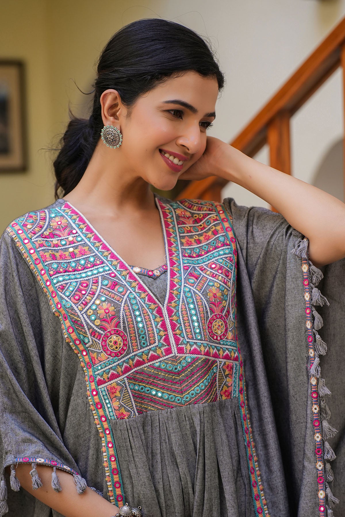 Grey Embroidered Kaftan Set With Purse