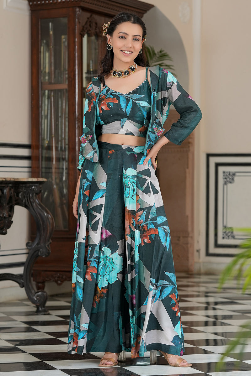 Turquoise Muslin Vibrant Printed Jacket with Palazzo and Hand Work Blouse