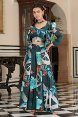 Turquoise Muslin Vibrant Printed Jacket with Palazzo and Hand Work Blouse