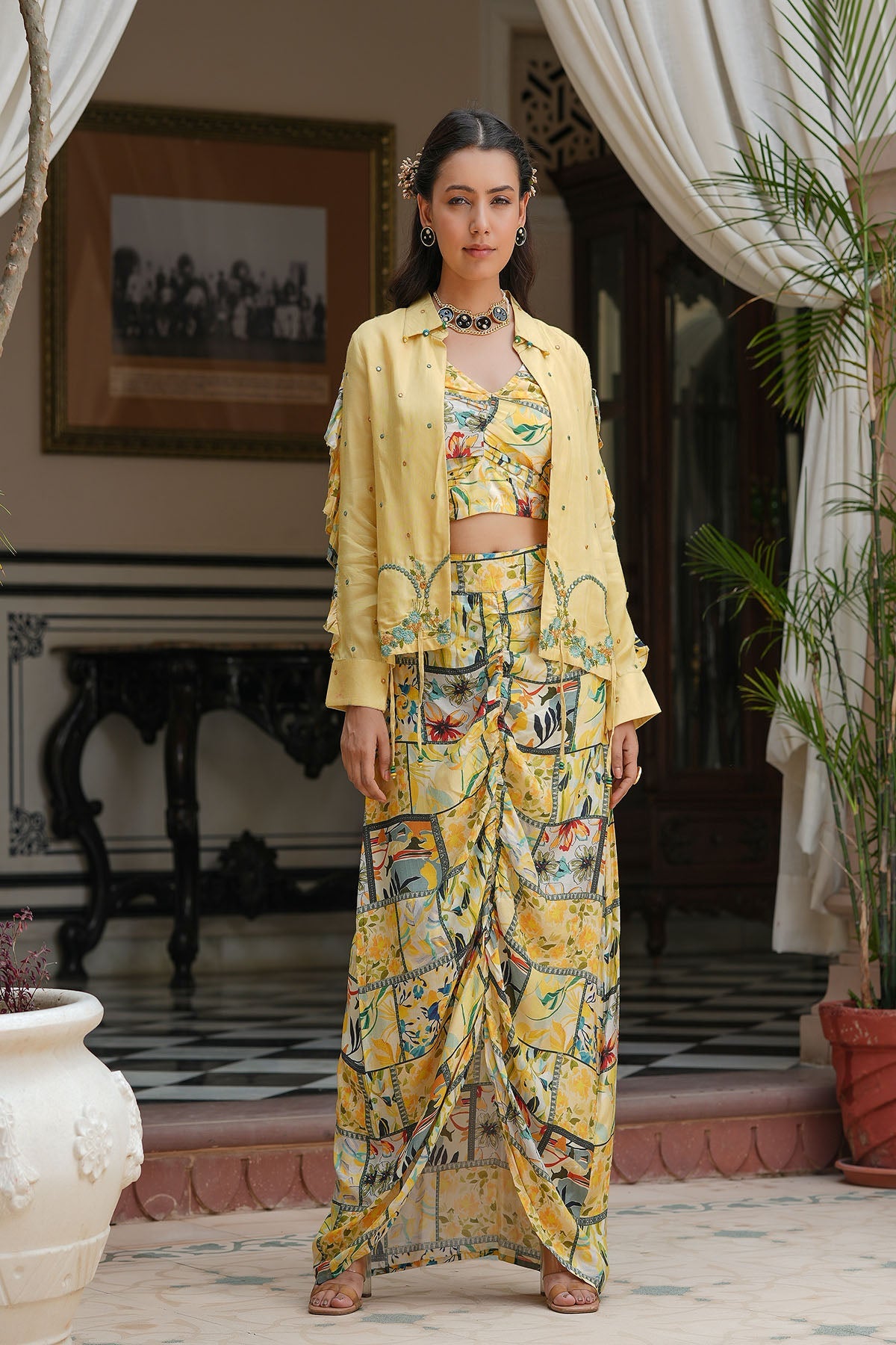 Yellow Multicolor Muslin Jacket And Dhoti Set