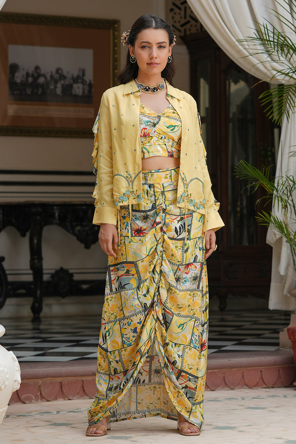 Yellow Muslin Printed Co Ord Set with Embroidered Jacket