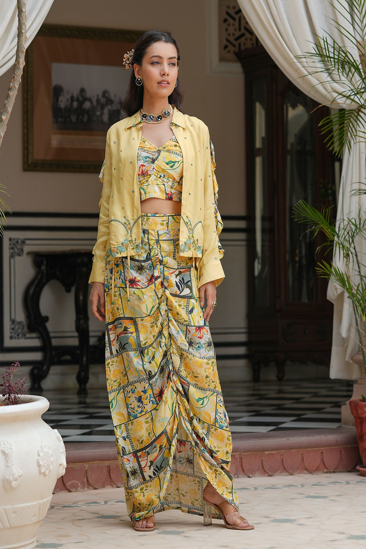 Yellow Multicolor Muslin Jacket And Dhoti Set