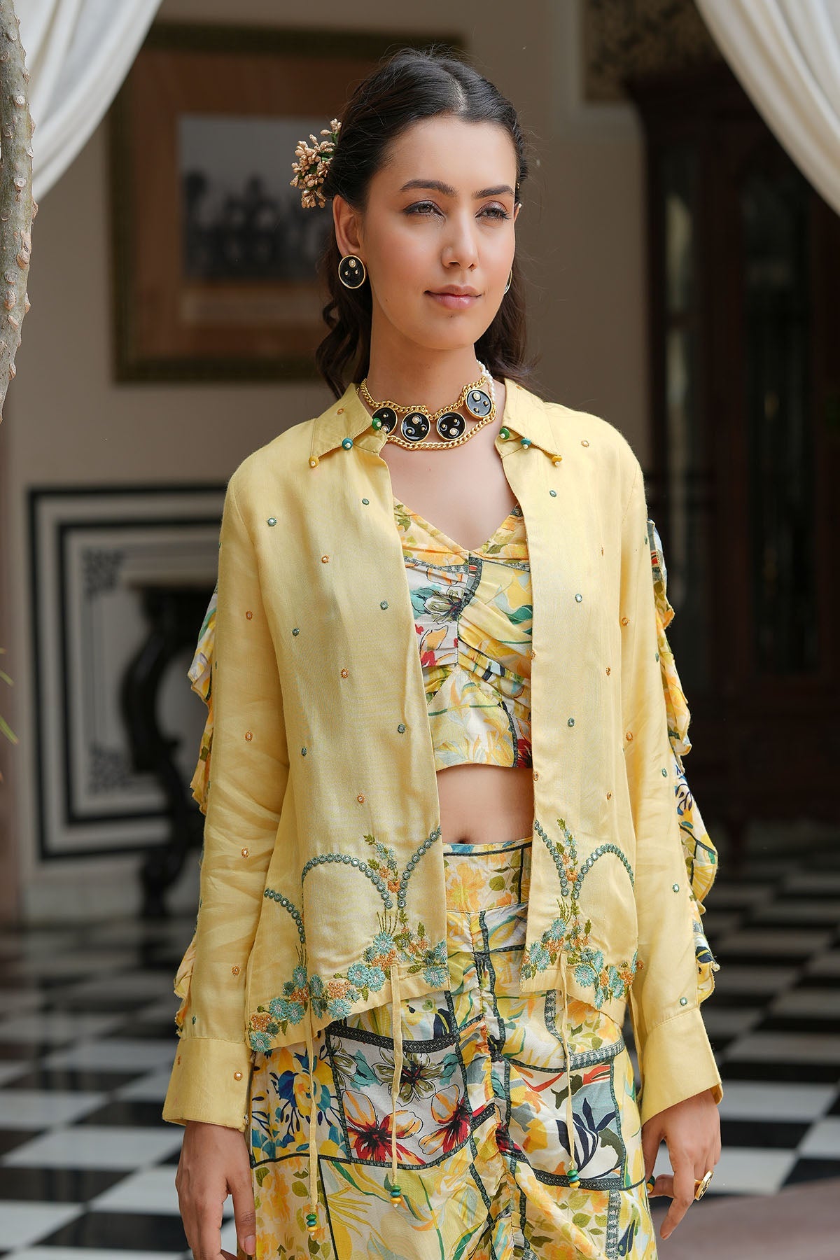 Yellow Multicolor Muslin Jacket And Dhoti Set