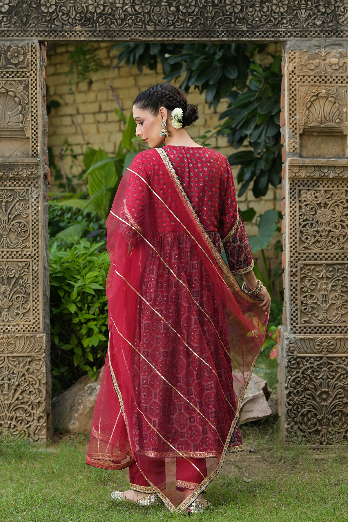 Red Multicolor Muslin Handwork Suit Set