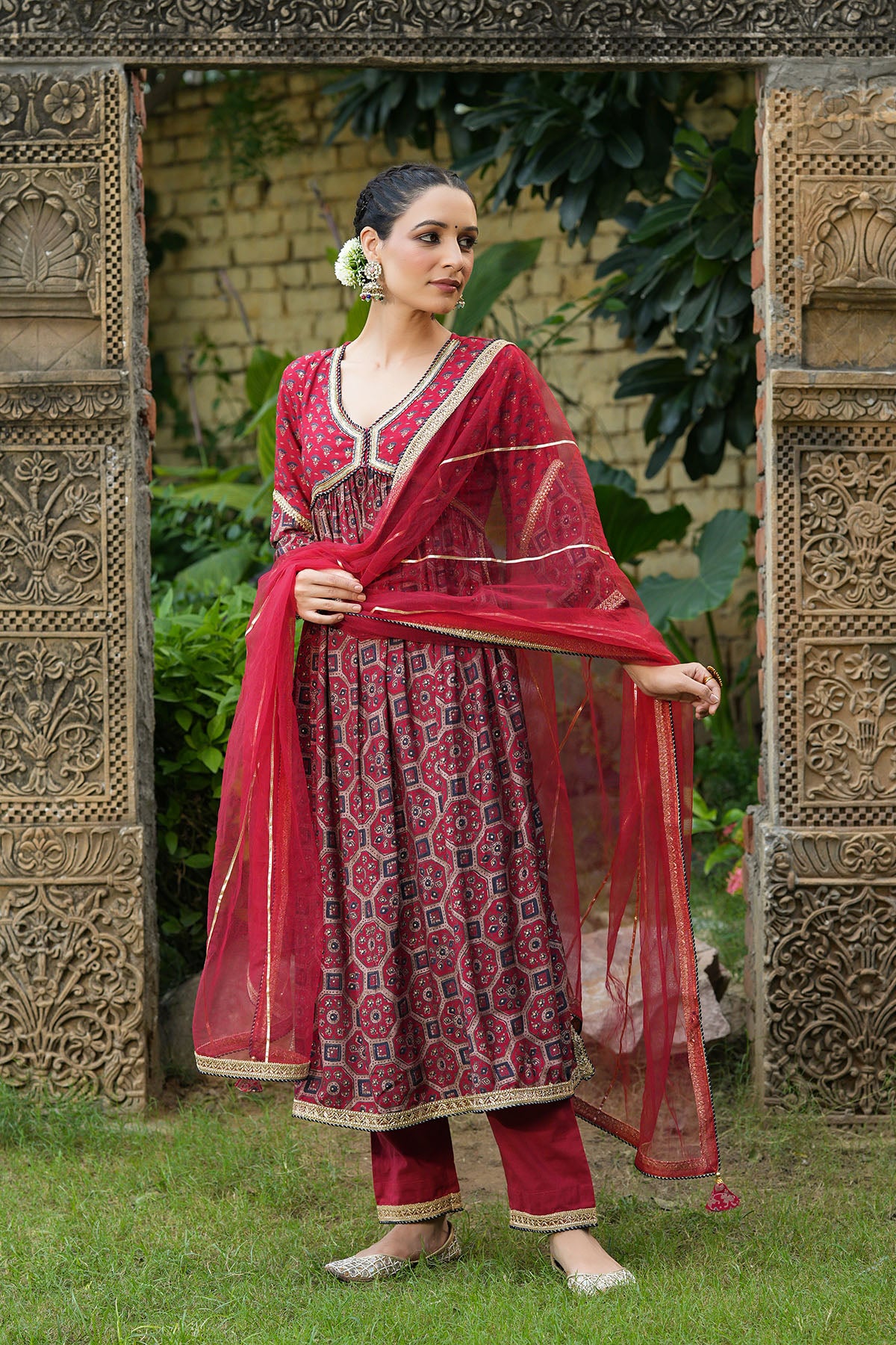 Red Multicolor Muslin Handwork Suit Set