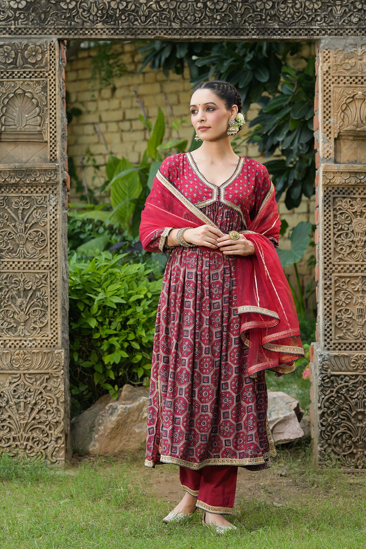 Red Multicolor Muslin Handwork Suit Set