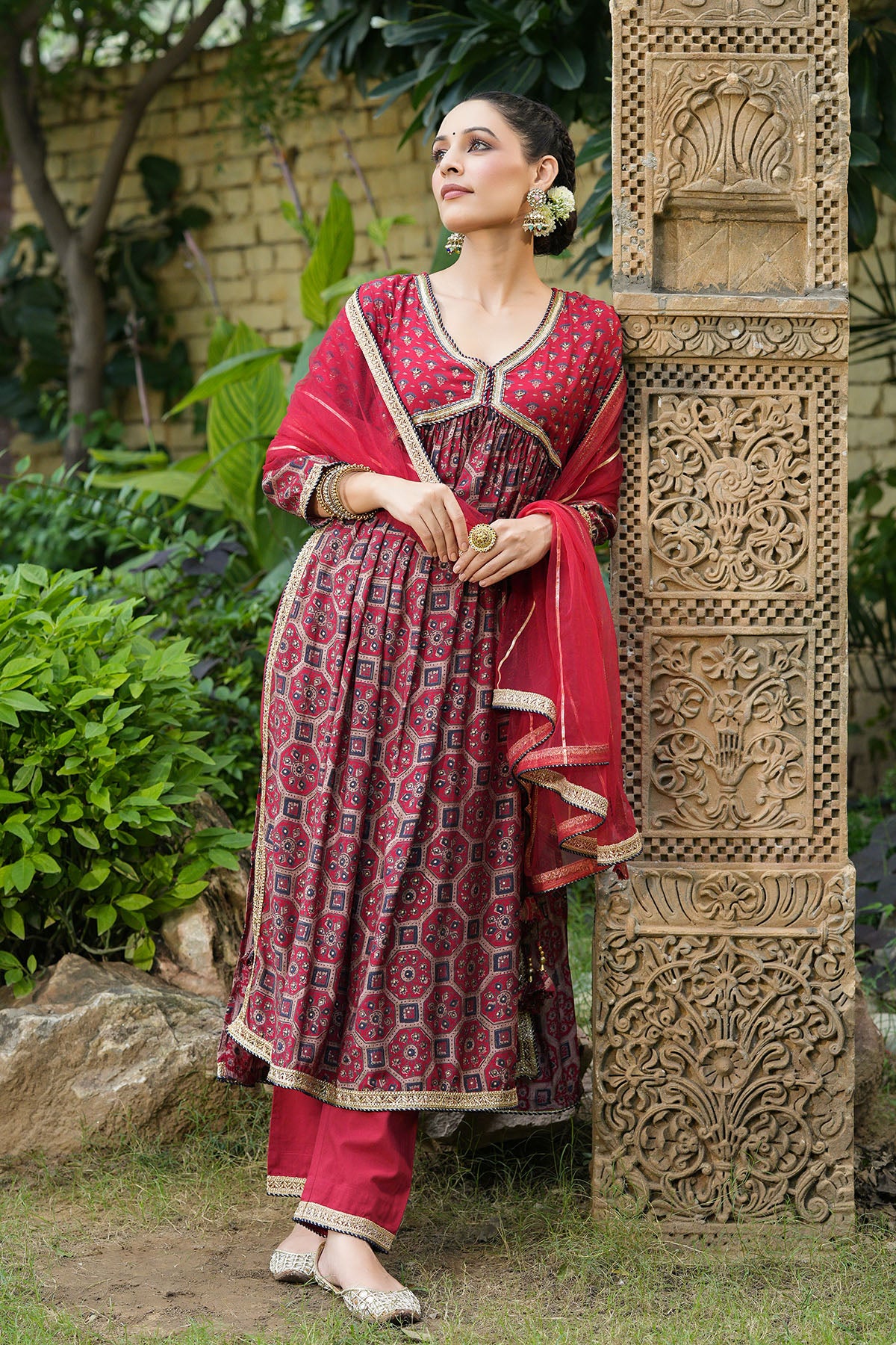 Red Multicolor Muslin Handwork Suit Set