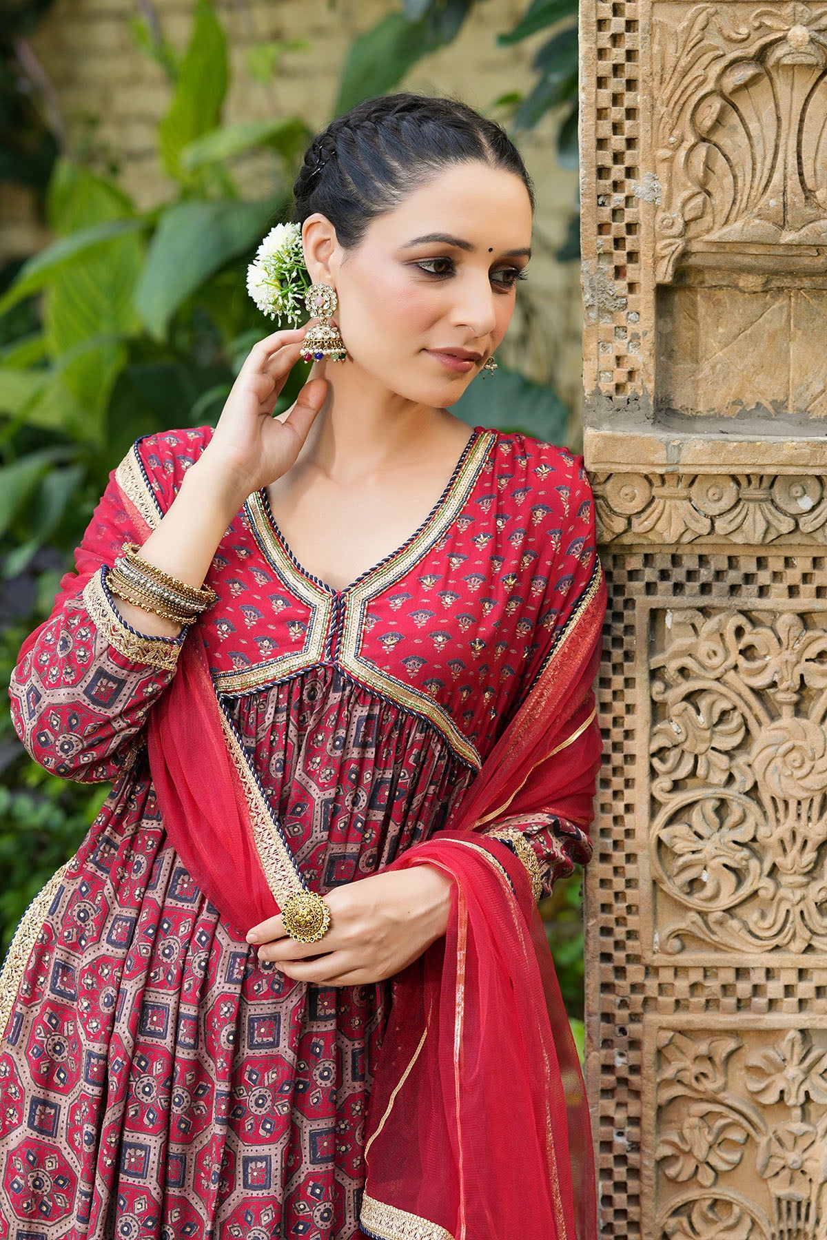 Red Multicolor Muslin Handwork Suit Set