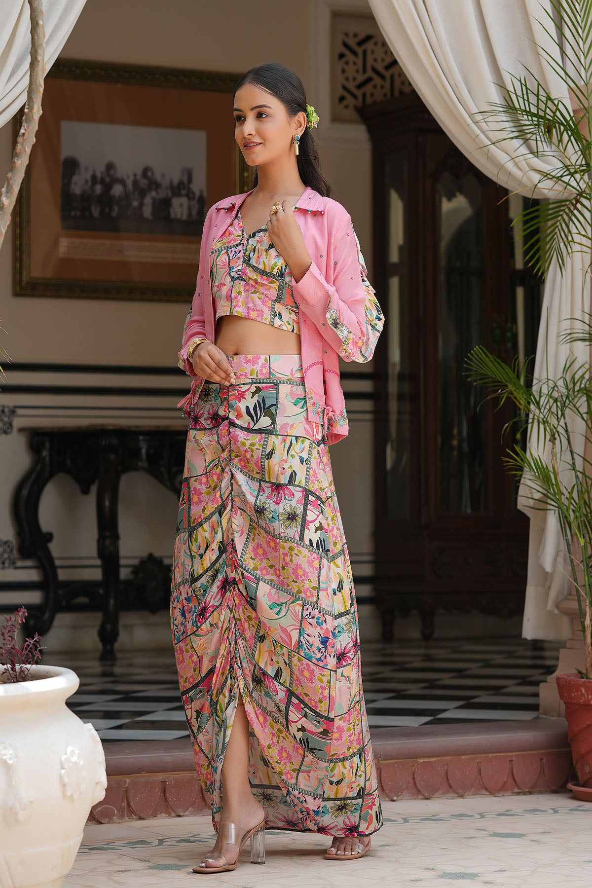 Pink Multicolor Muslin Jacket And Dhoti Set