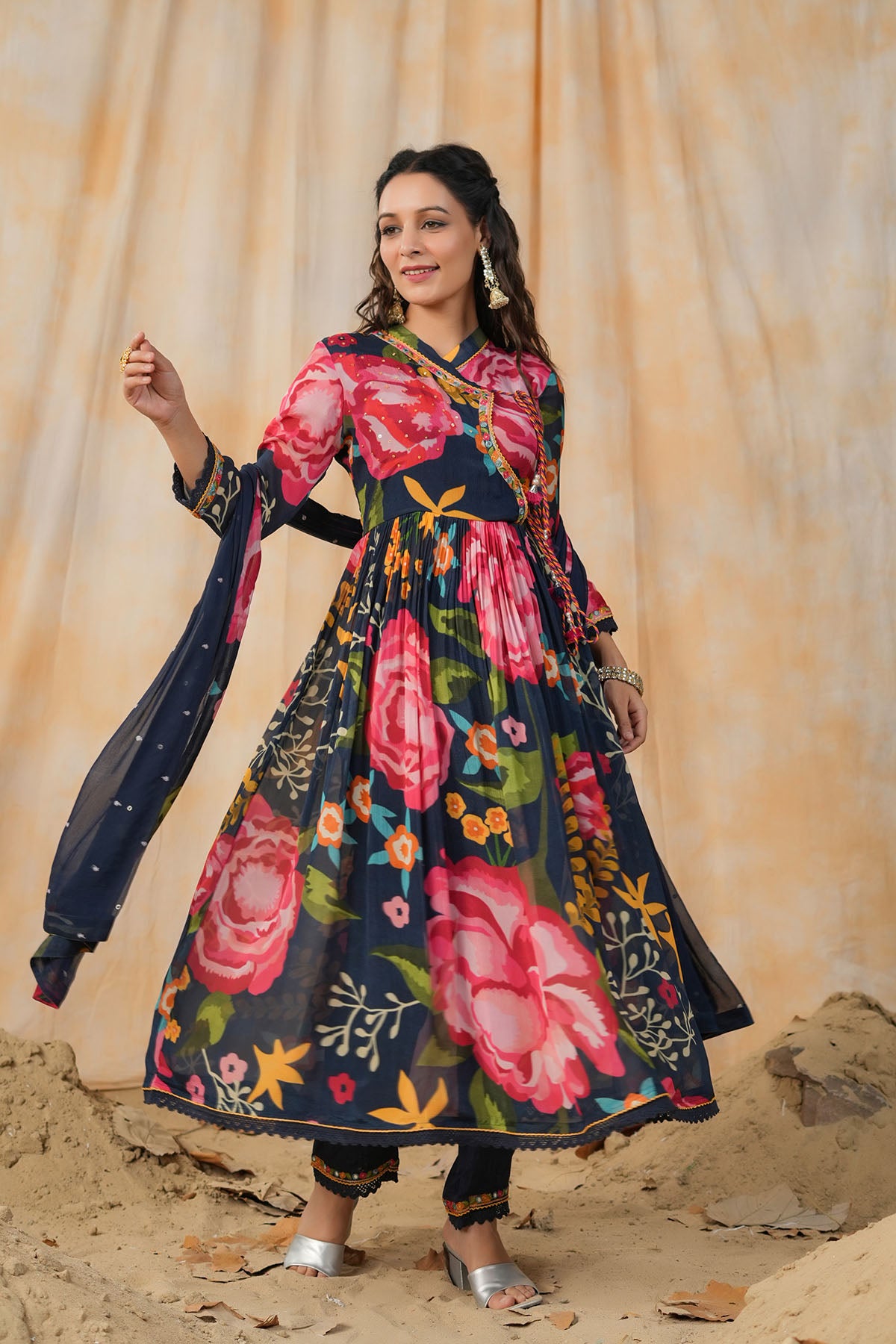 Blue Floral Chinon Printed Anarkali Suit