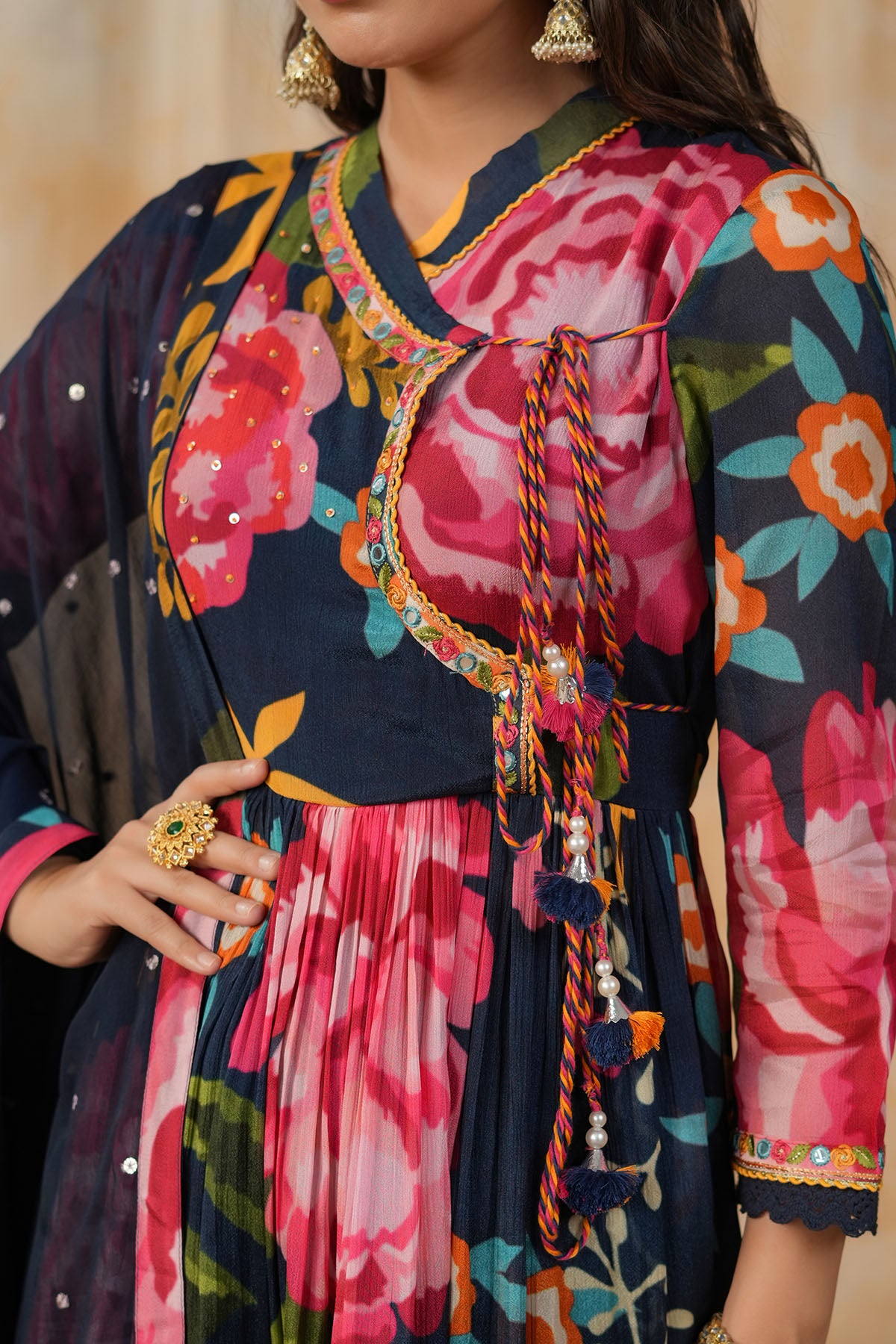 Blue Floral Chinon Printed Anarkali Suit
