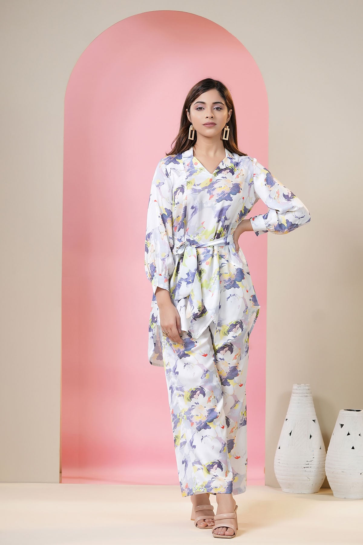 White Floral Satin Printed Co-ord Set