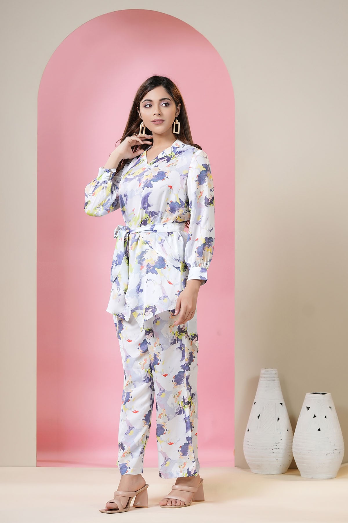 White Floral Satin Printed Co-ord Set