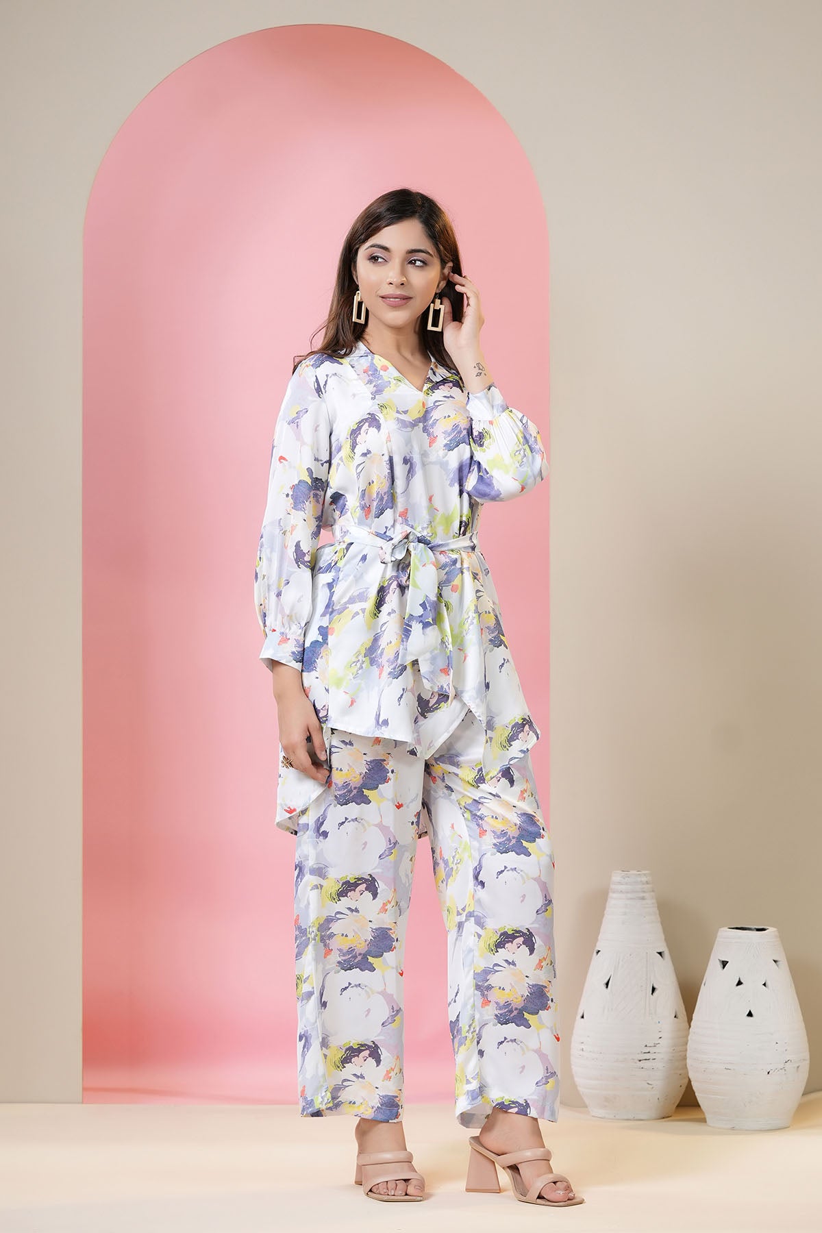 White Floral Satin Printed Co-ord Set