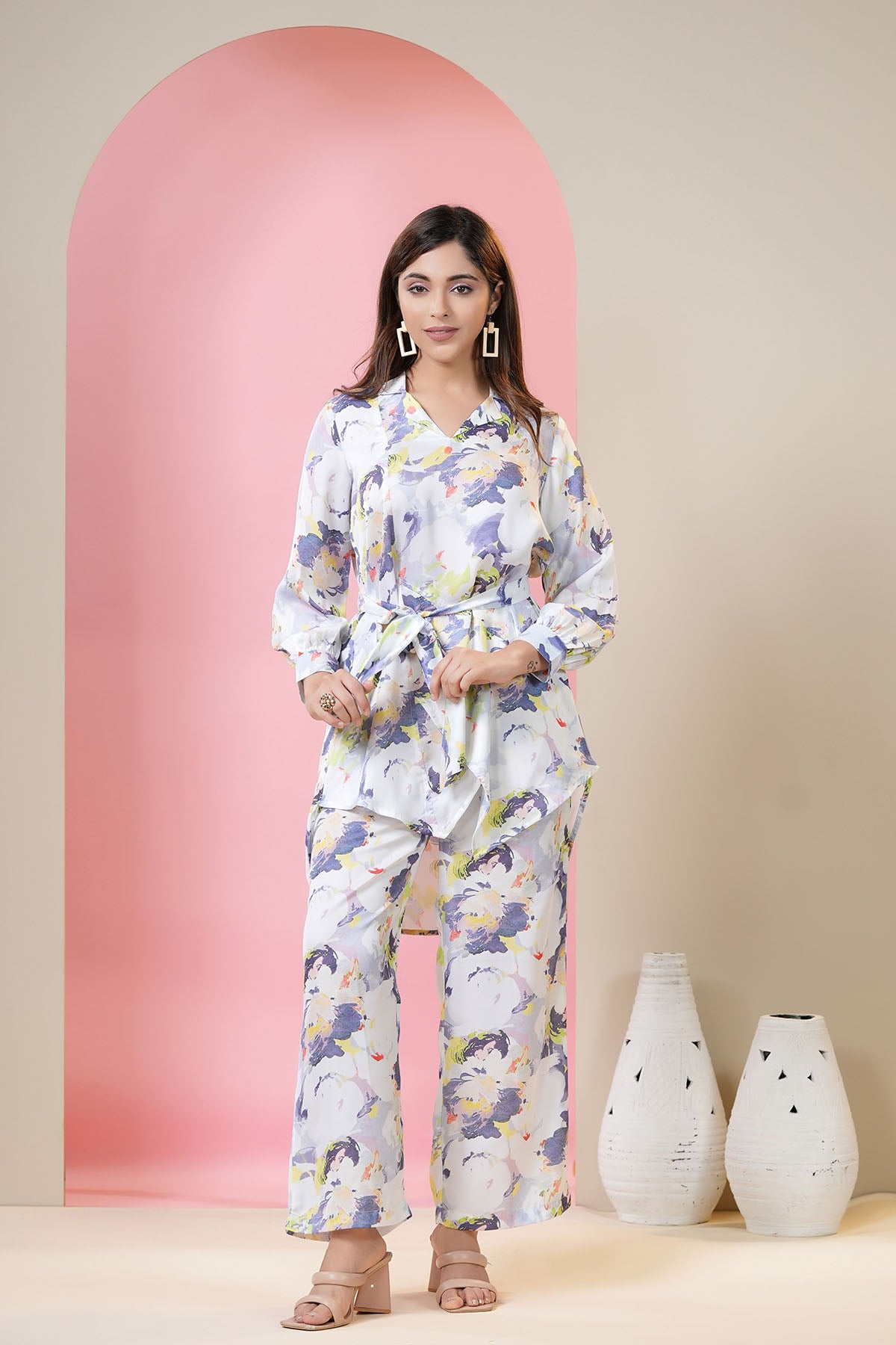White Floral Satin Printed Co-ord Set