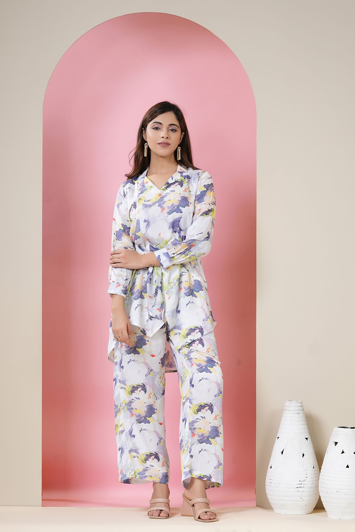 White Floral Satin Printed Co-ord Set