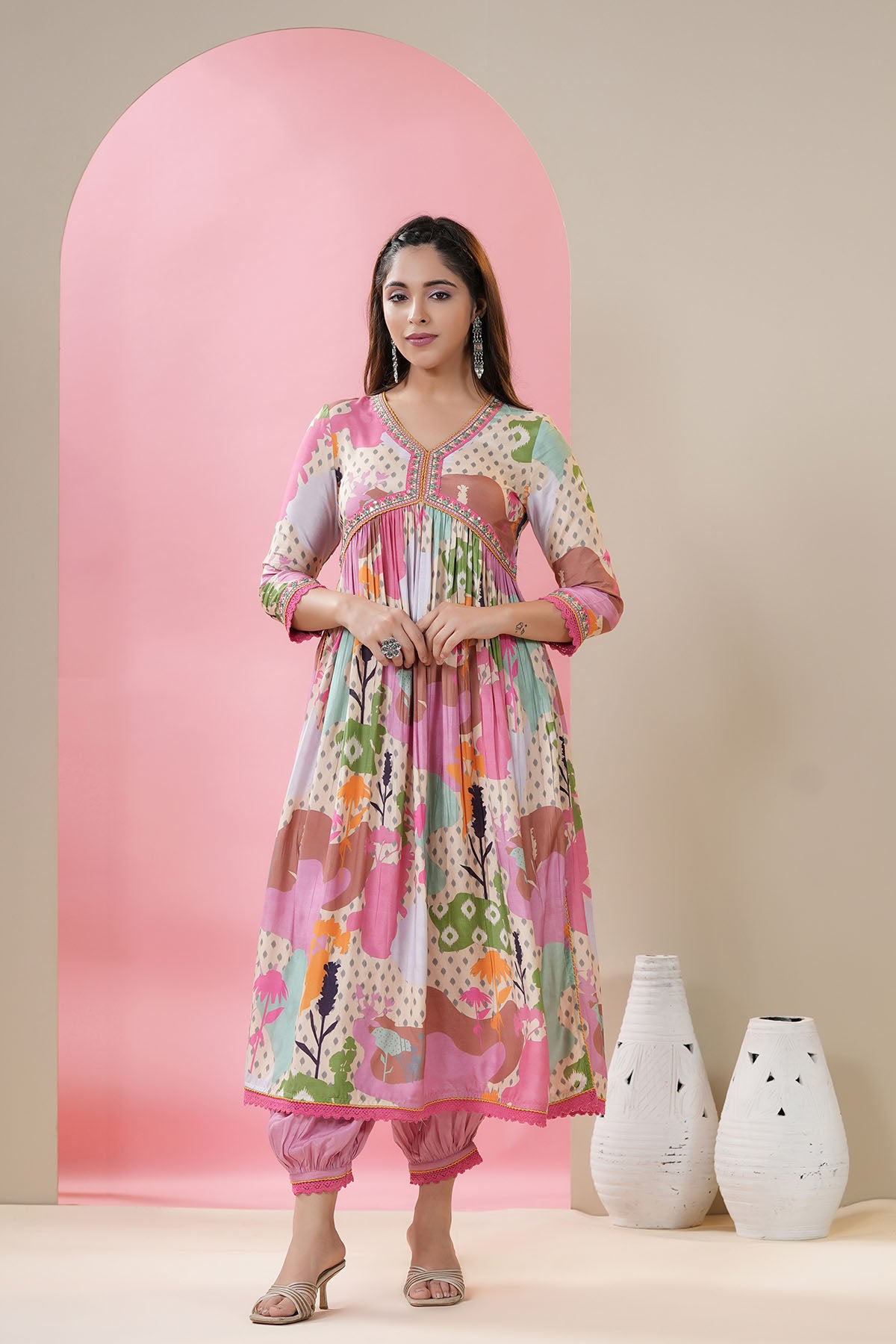 Pink Multicolor Muslin Printed Anarkali Suit
