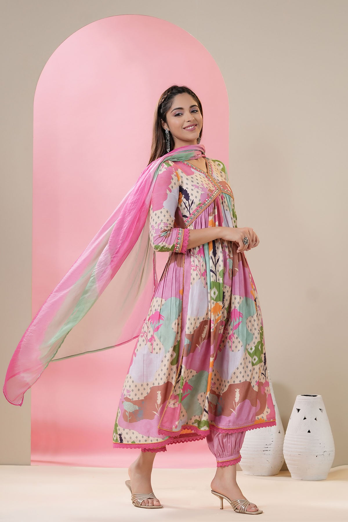 Pink Multicolor Muslin Printed Anarkali Suit