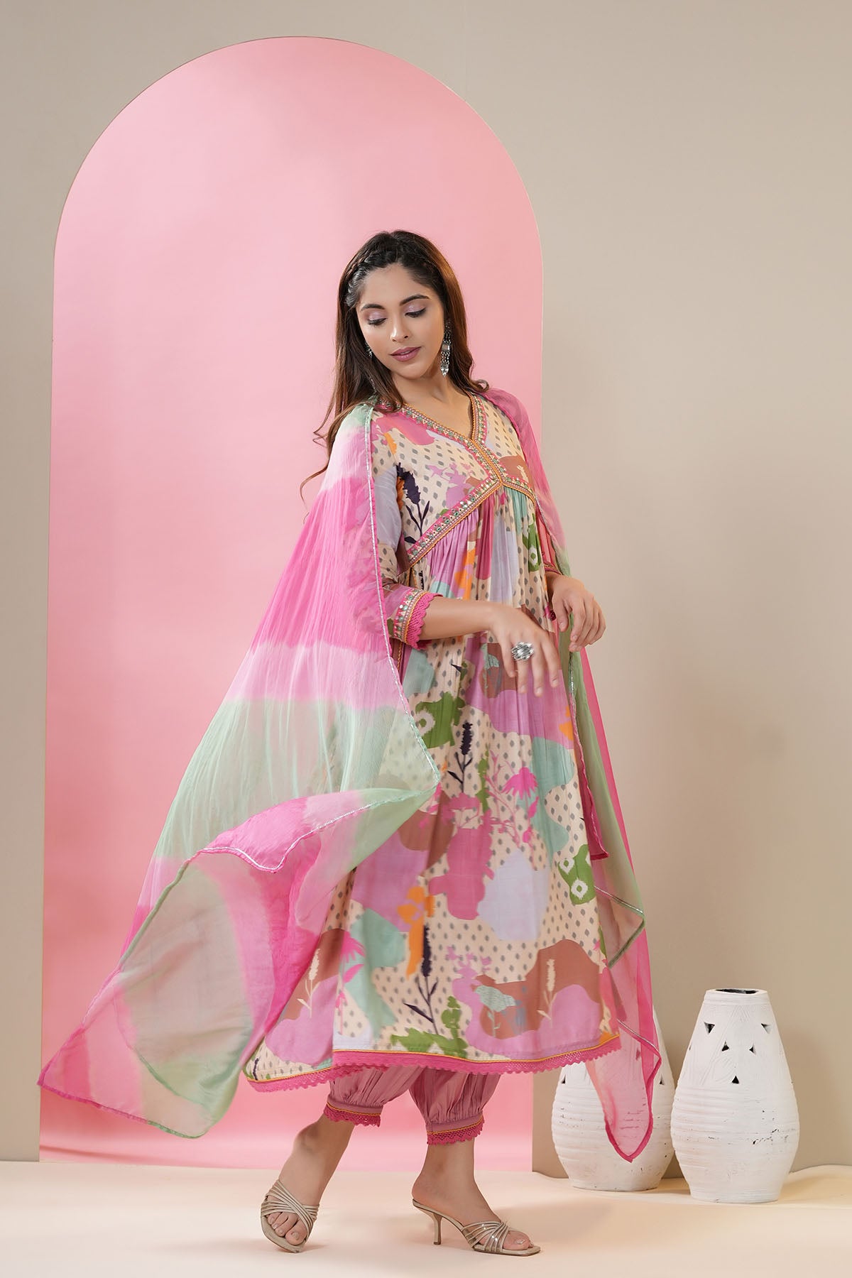Pink Multicolor Muslin Printed Anarkali Suit
