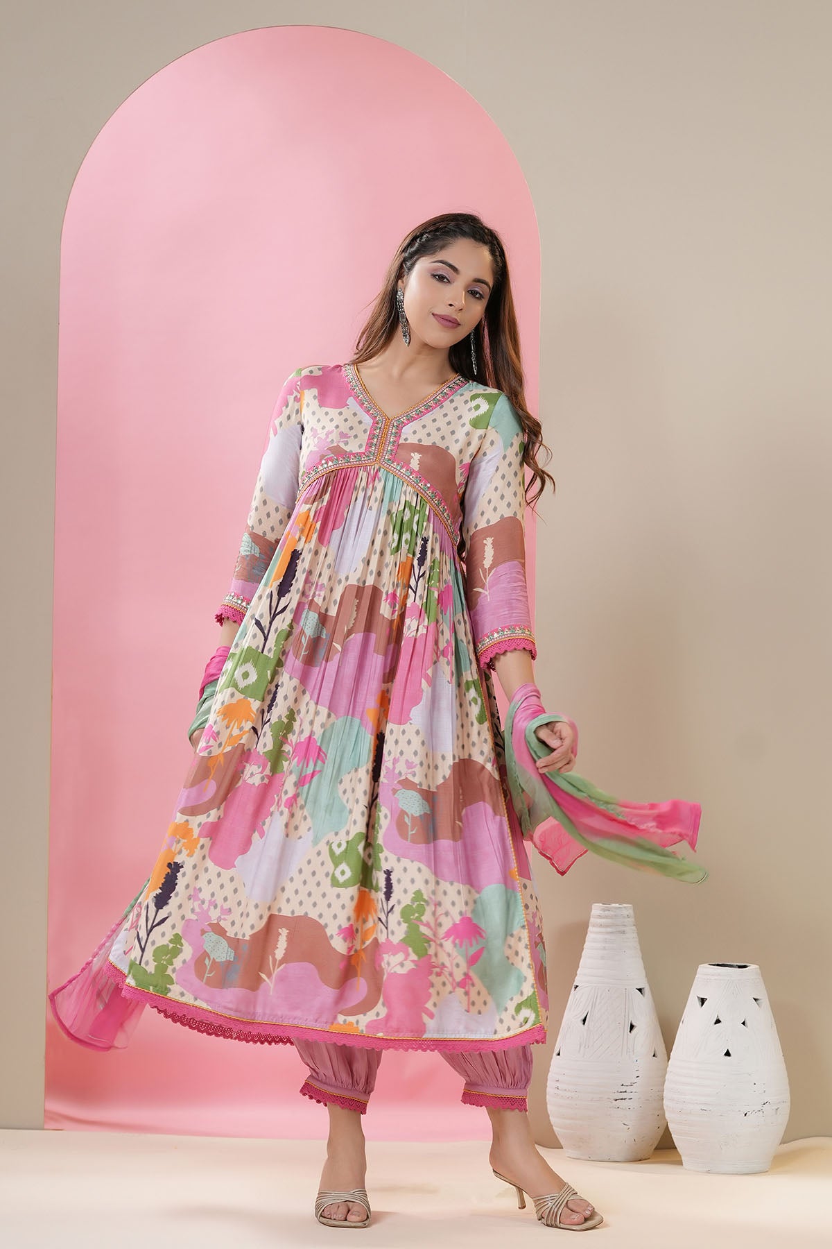 Pink Multicolor Muslin Printed Anarkali Suit