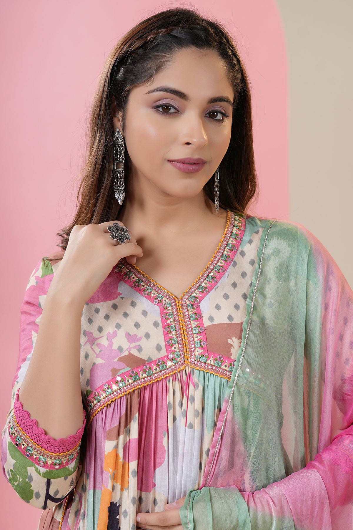 Pink Multicolor Muslin Printed Anarkali Suit