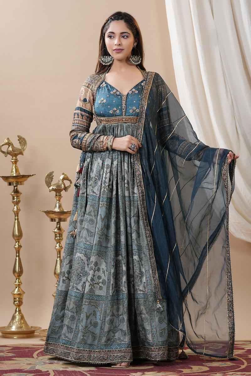 Lavish Blue Dola Silk Hand Work Long Gown With Dupatta