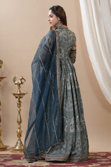 Lavish Blue Dola Silk Hand Work Long Gown With Dupatta