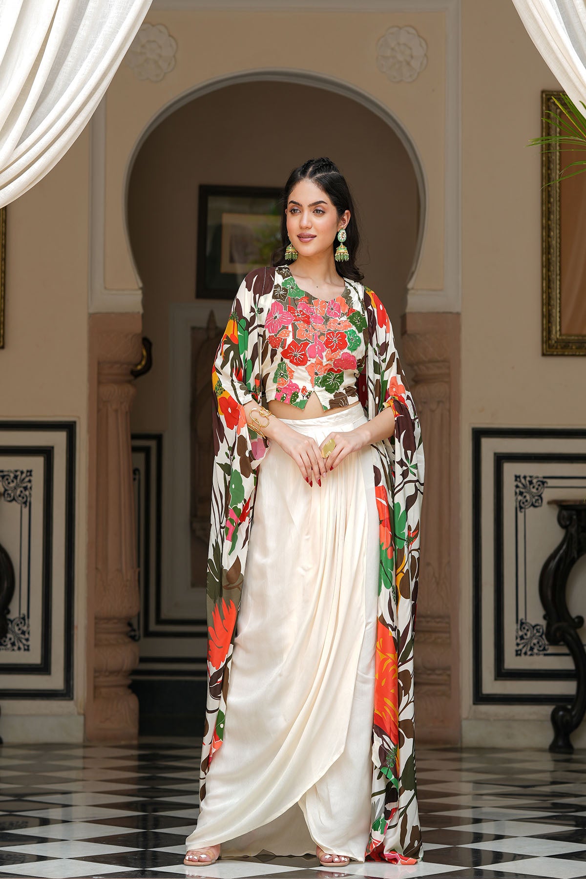 Multicolour Handwork Viscose Crepe Shrug Set