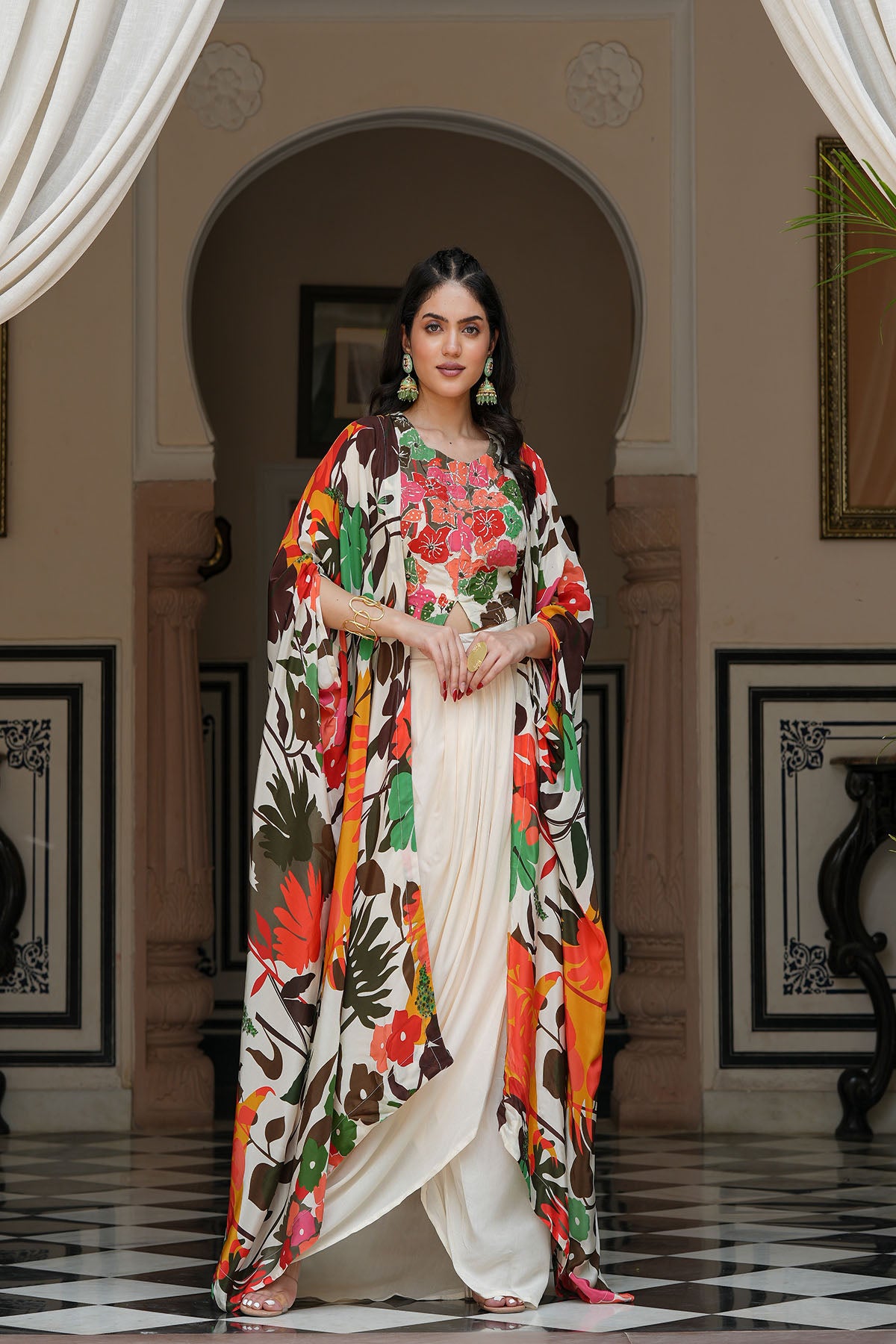Multicolour Handwork Viscose Crepe Shrug Set