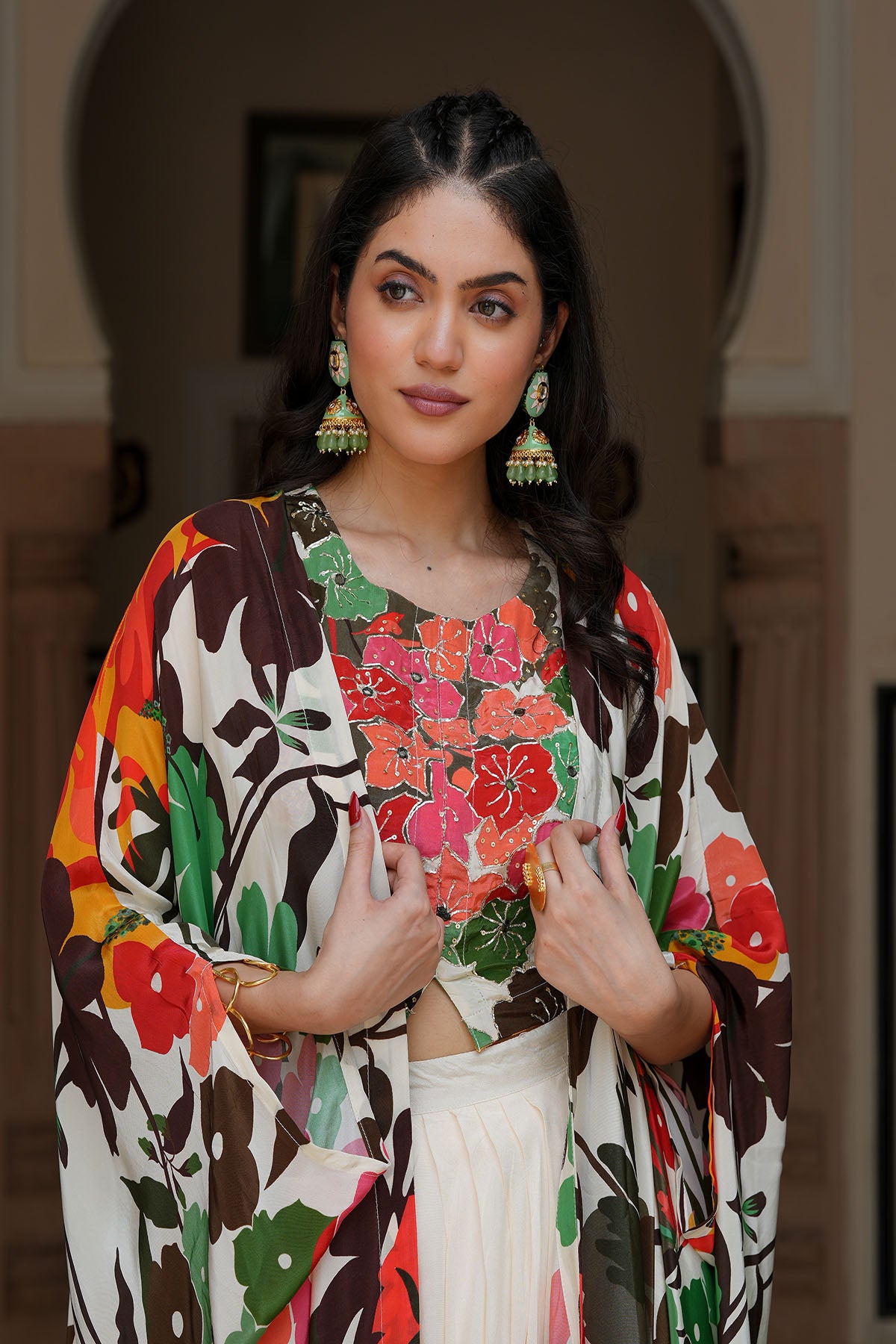 Multicolour Handwork Viscose Crepe Shrug Set