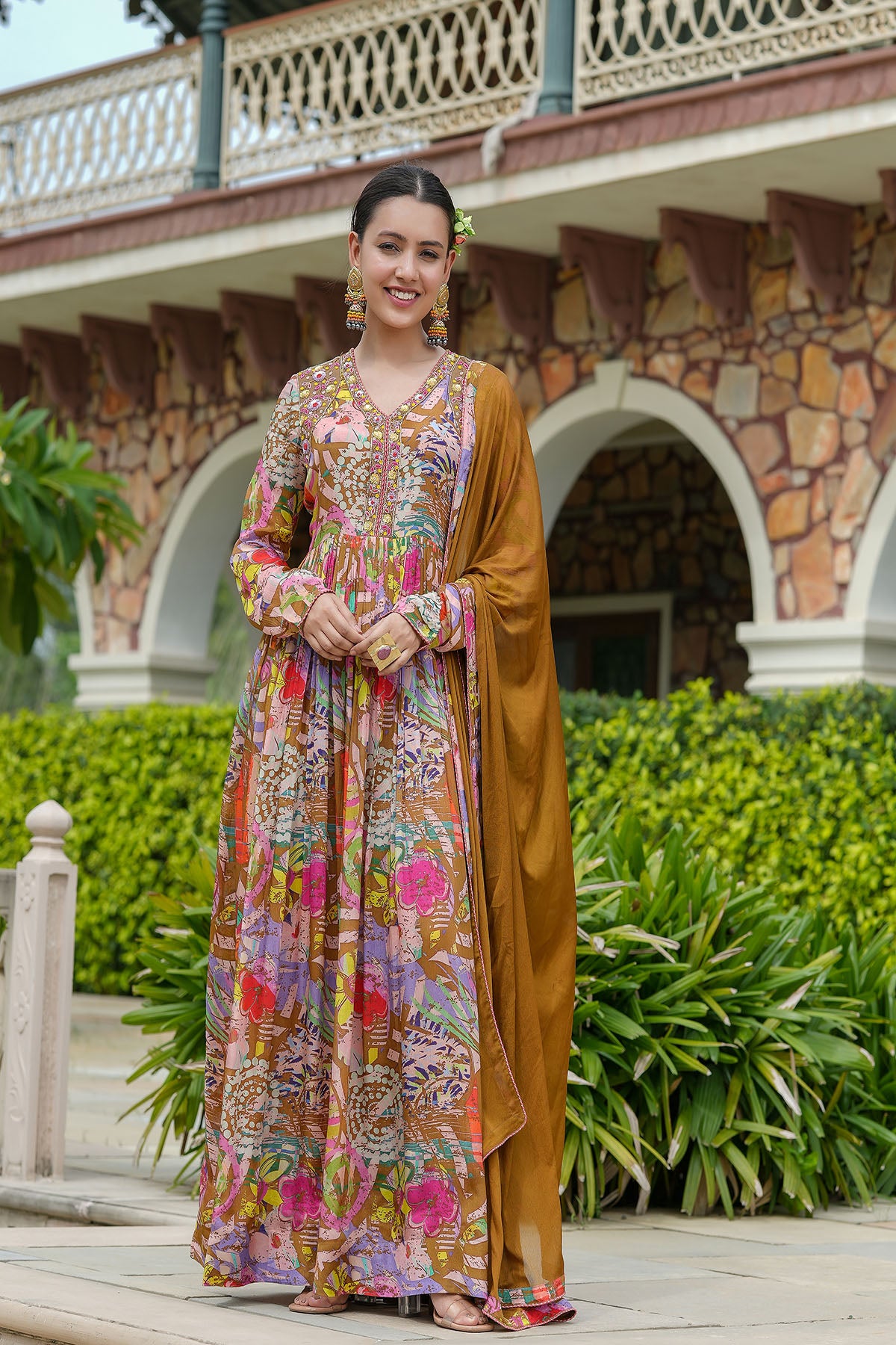 Brown Multicolour Chinon Handwork Gown Set