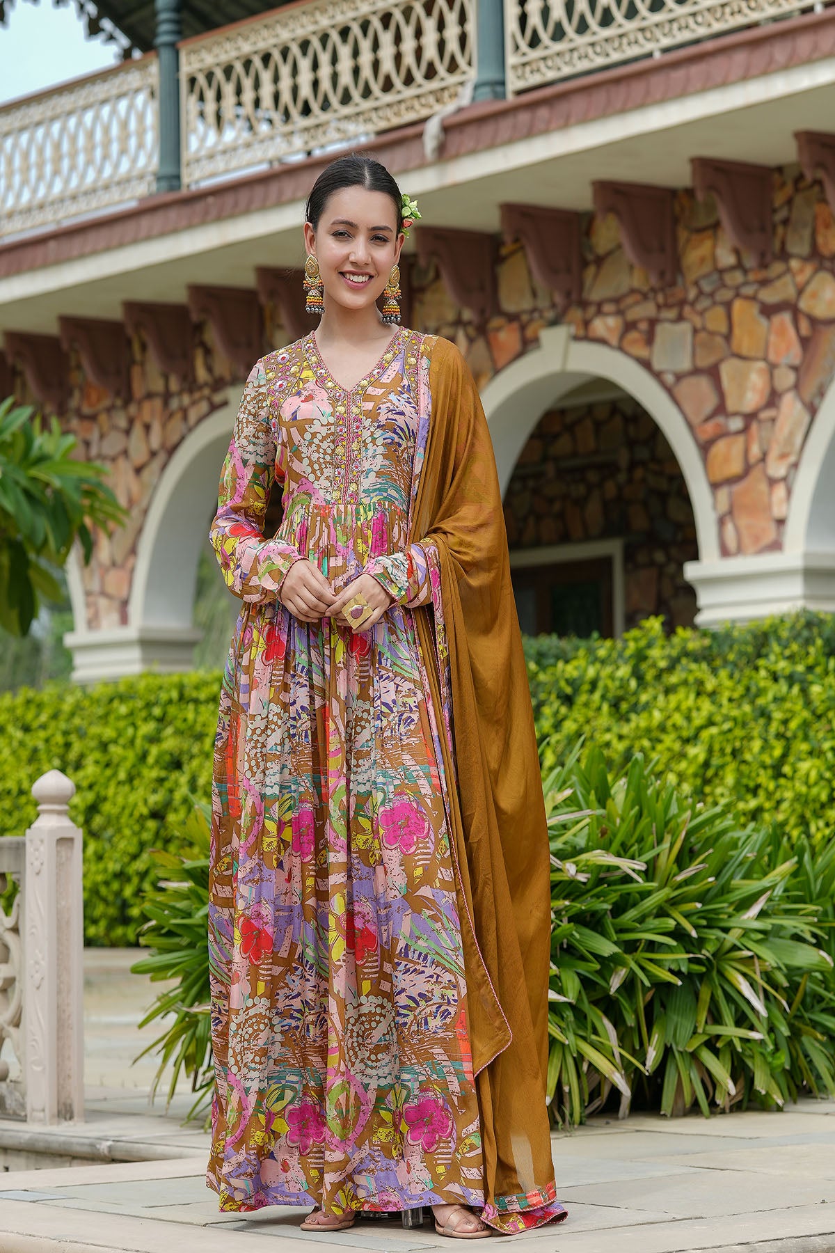 Brown Multicolour Chinon Handwork Gown Set