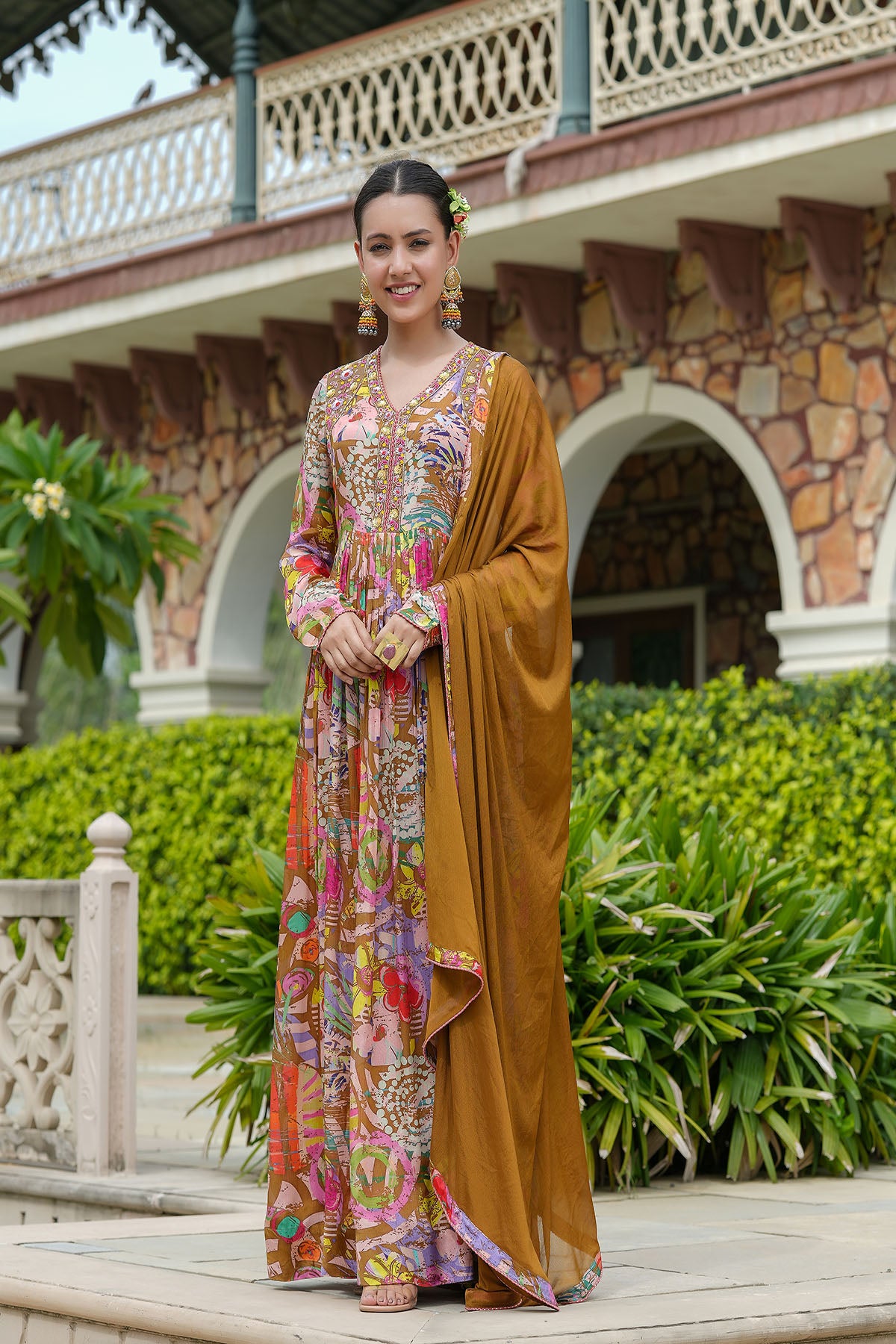 Brown Multicolour Chinon Handwork Gown Set