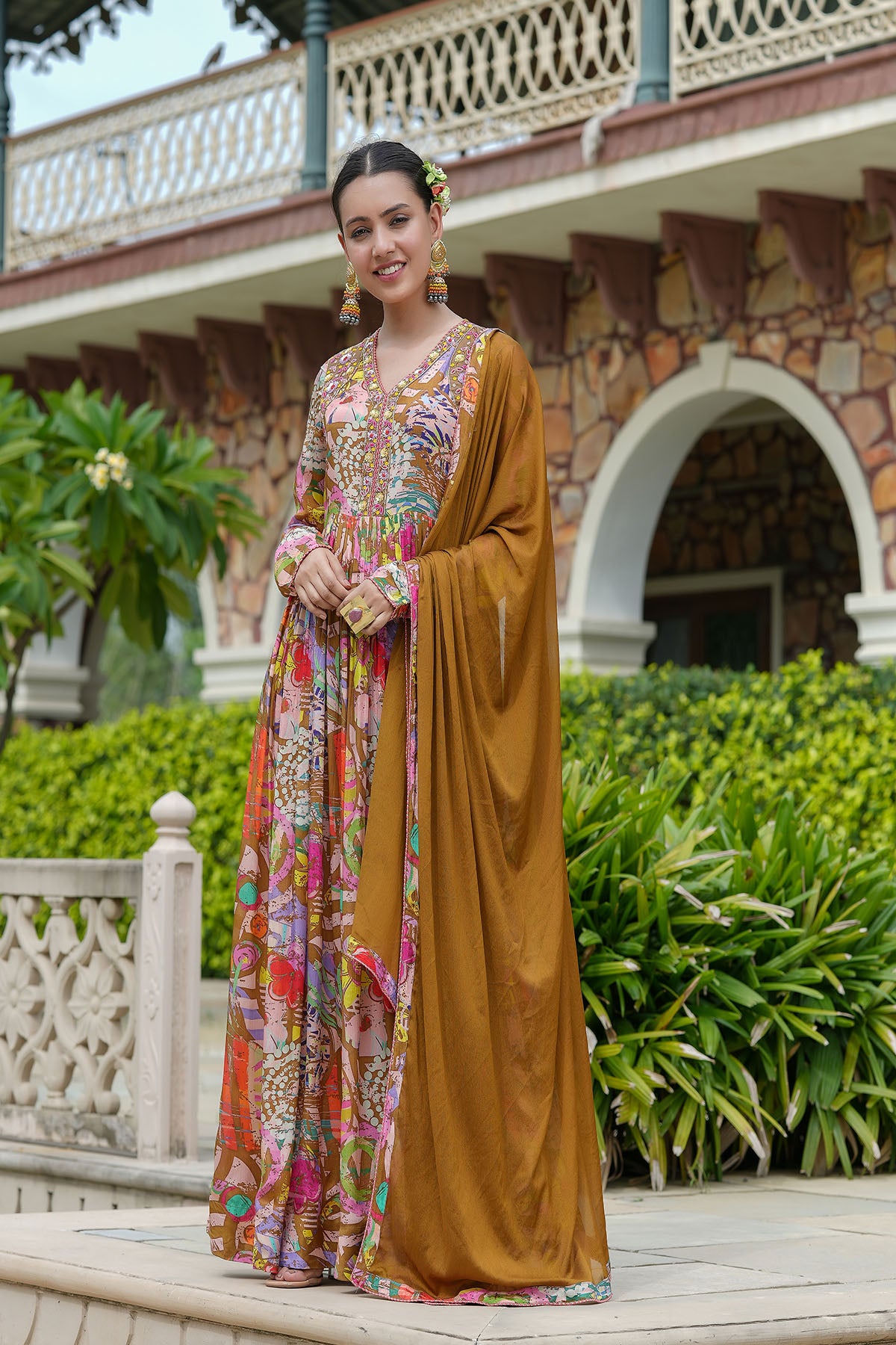 Brown Multicolour Chinon Handwork Gown Set