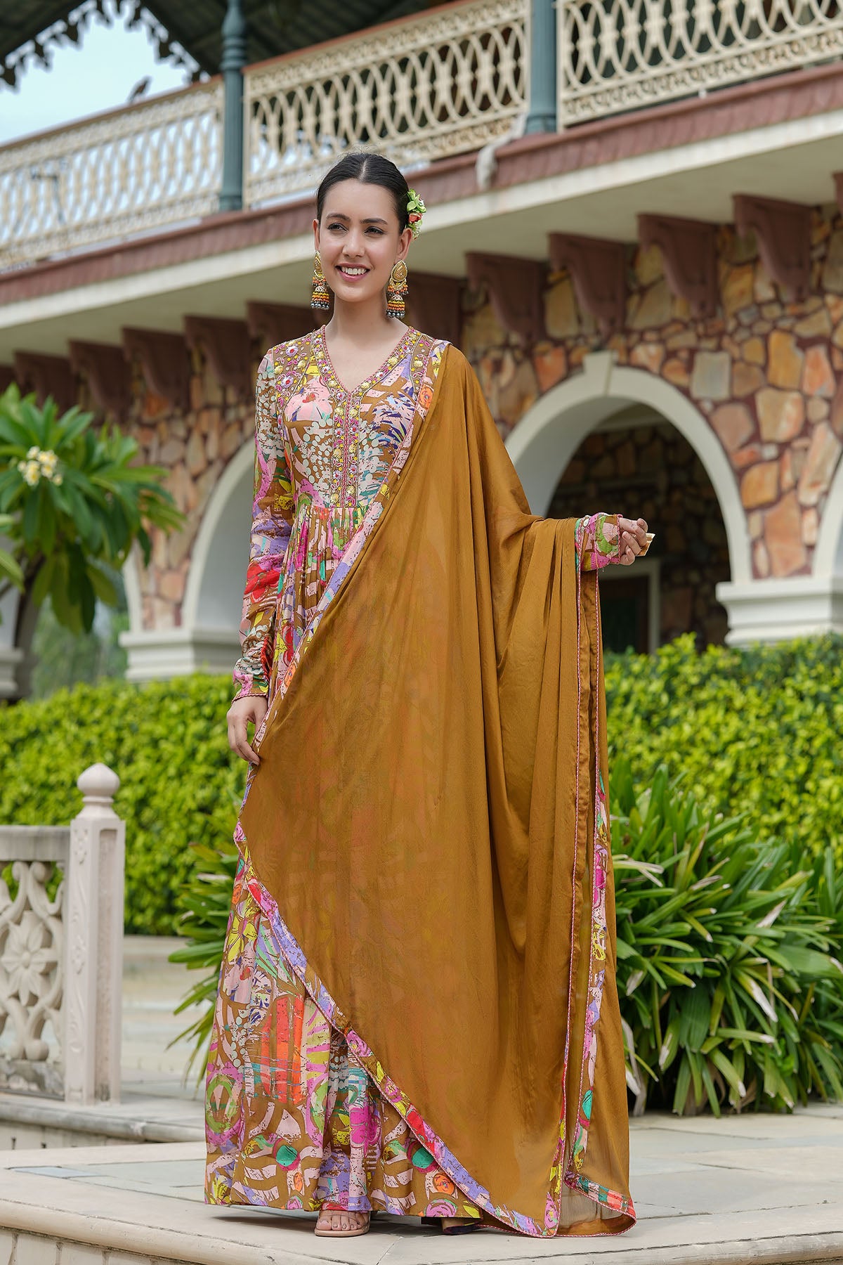 Brown Multicolour Chinon Handwork Gown Set
