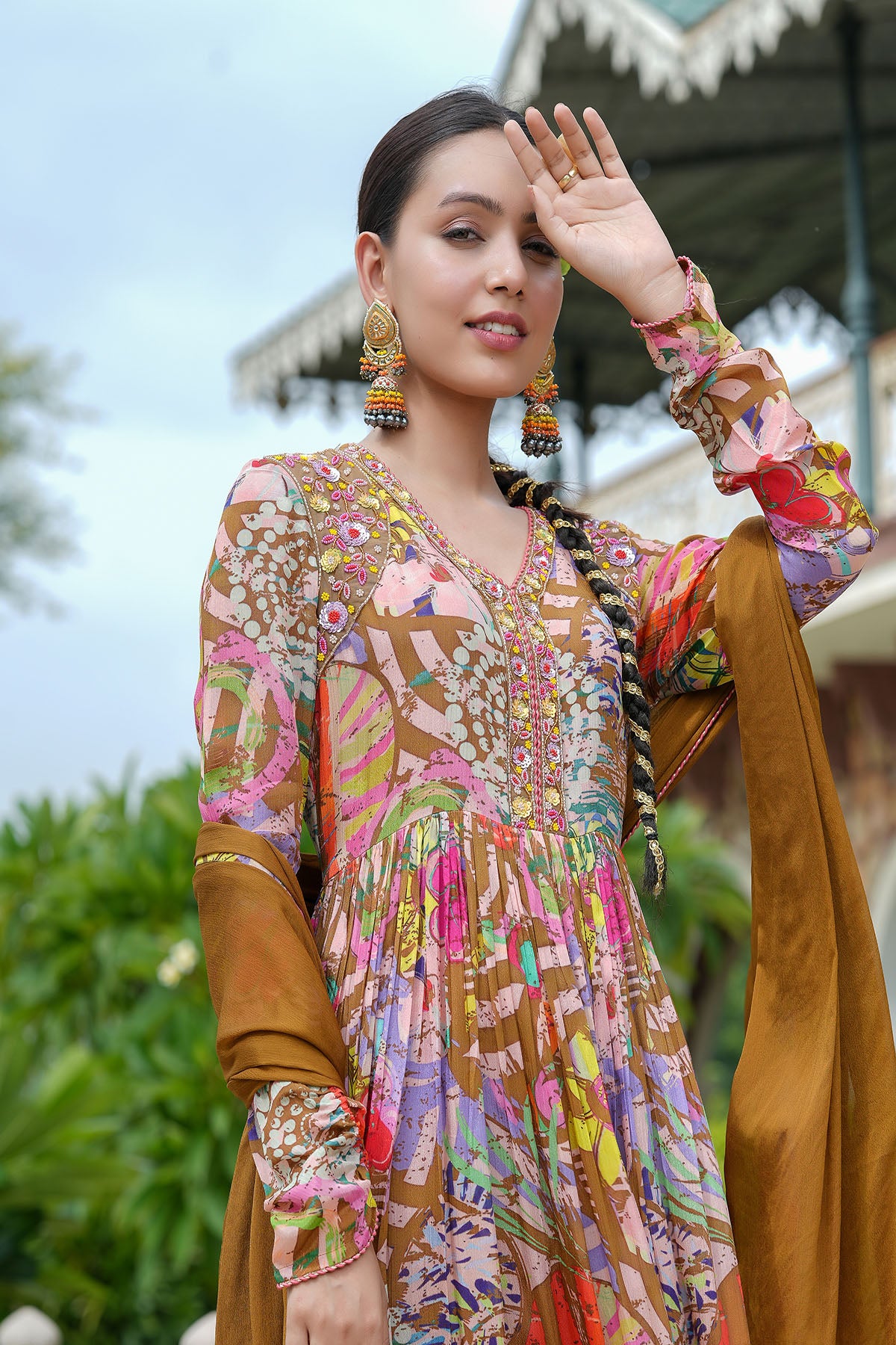 Brown Multicolour Chinon Handwork Gown Set