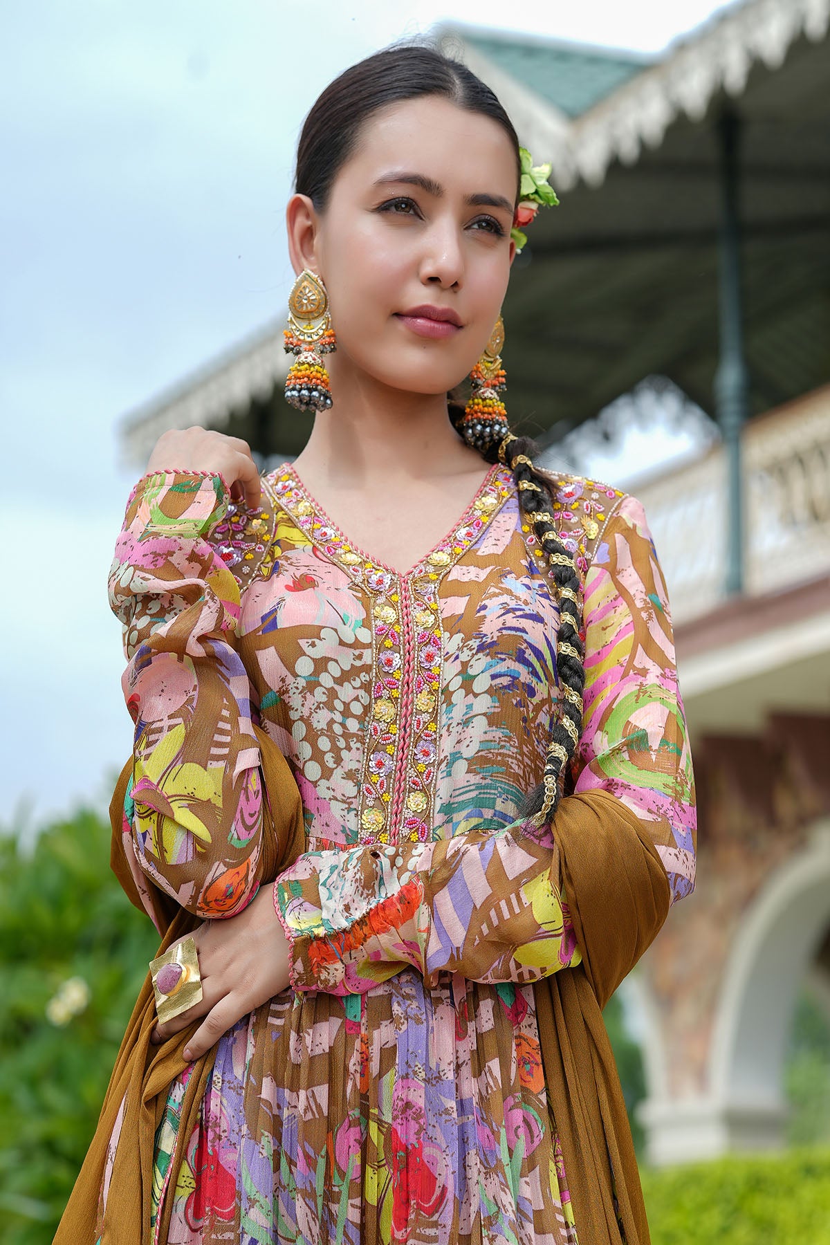 Brown Multicolour Chinon Handwork Gown Set