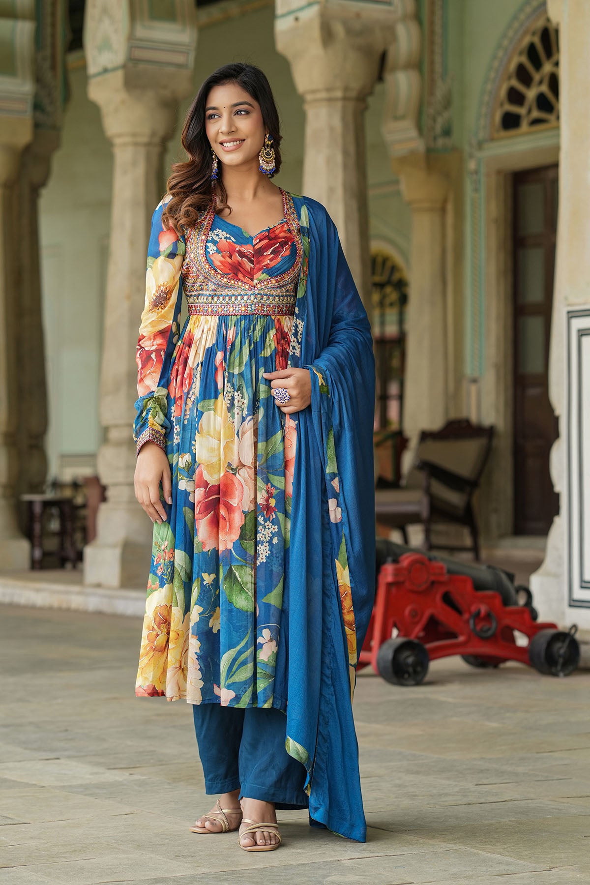 Blue Floral Chinon Anarkali Suit