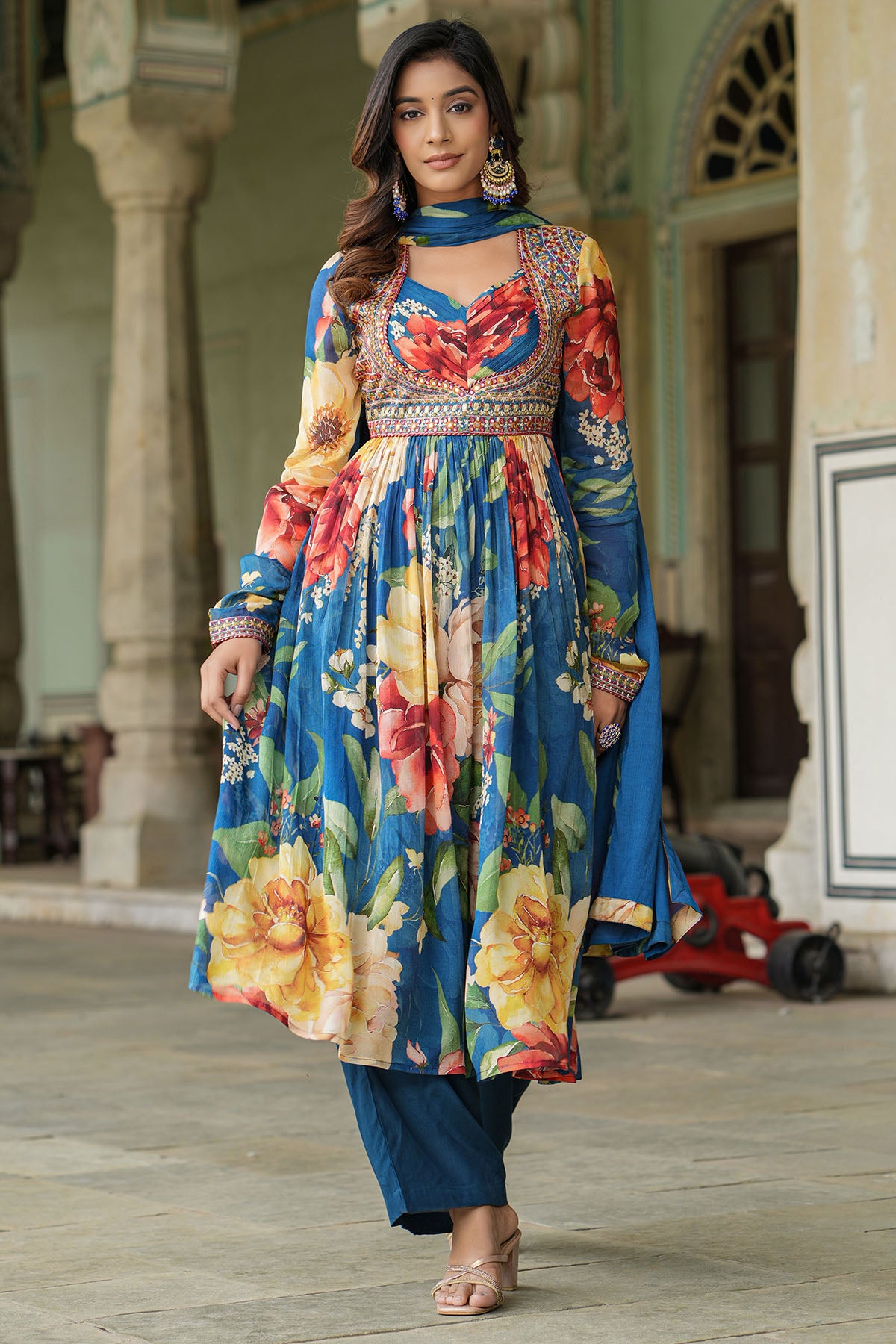 Blue Floral Chinon Anarkali Suit