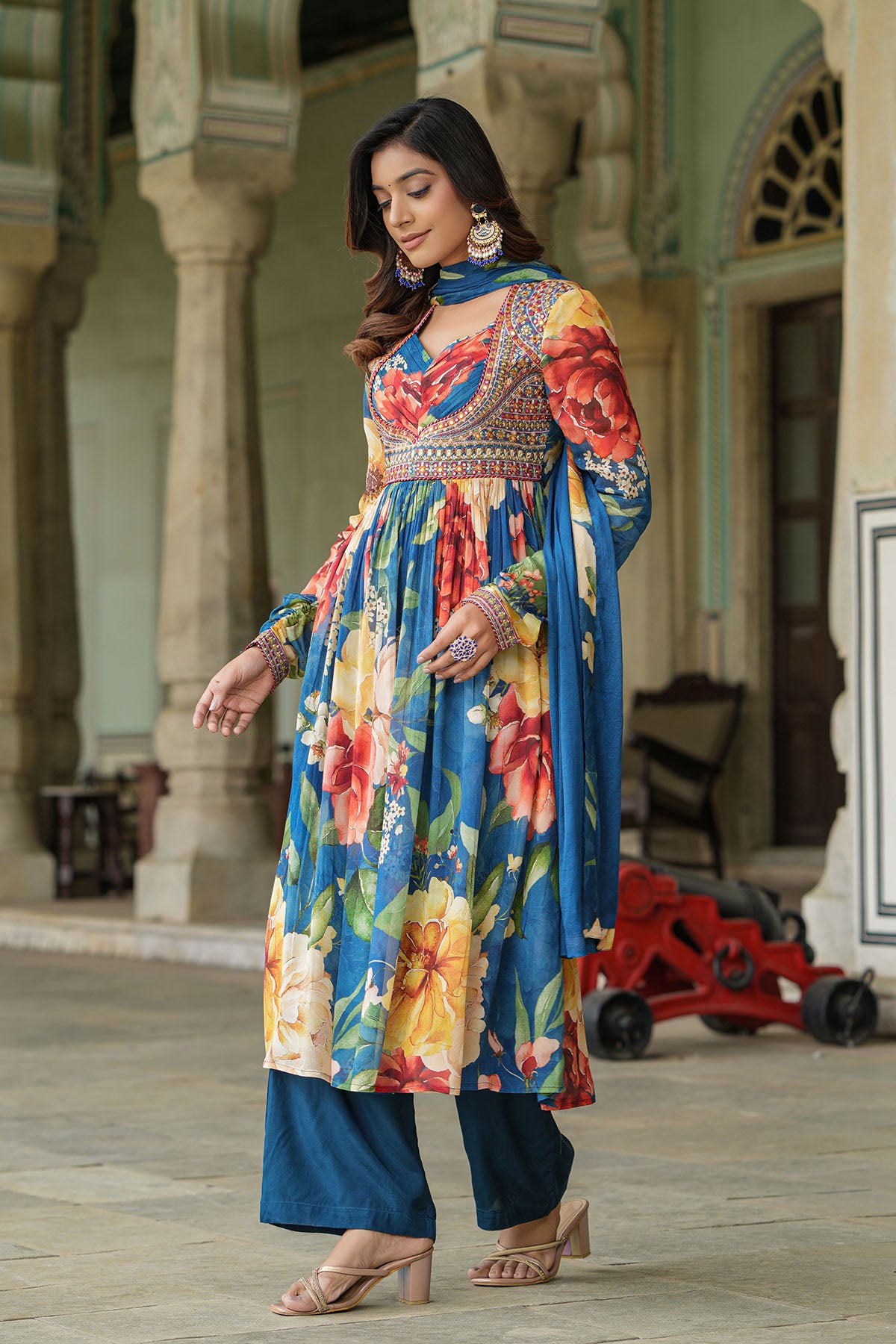 Blue Floral Chinon Anarkali Suit