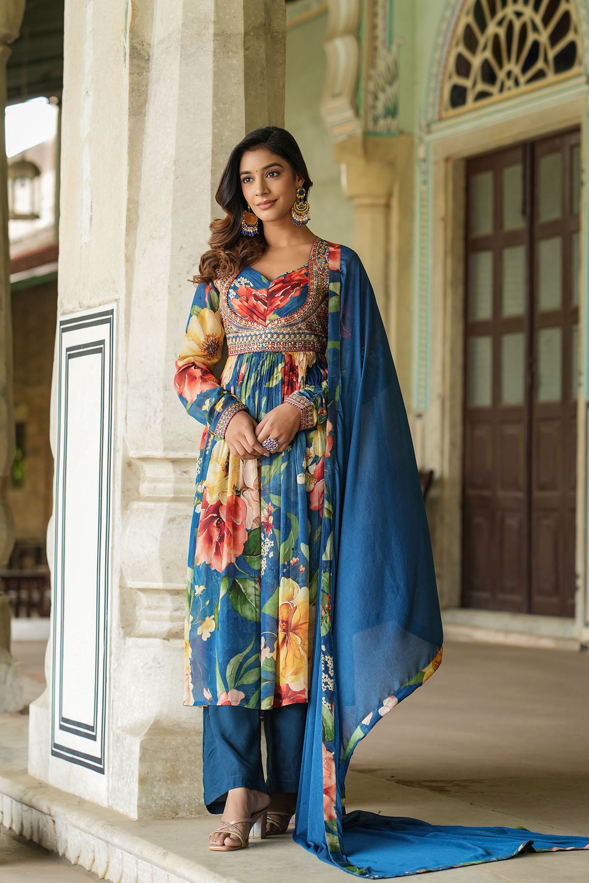 Blue Floral Chinon Anarkali Suit