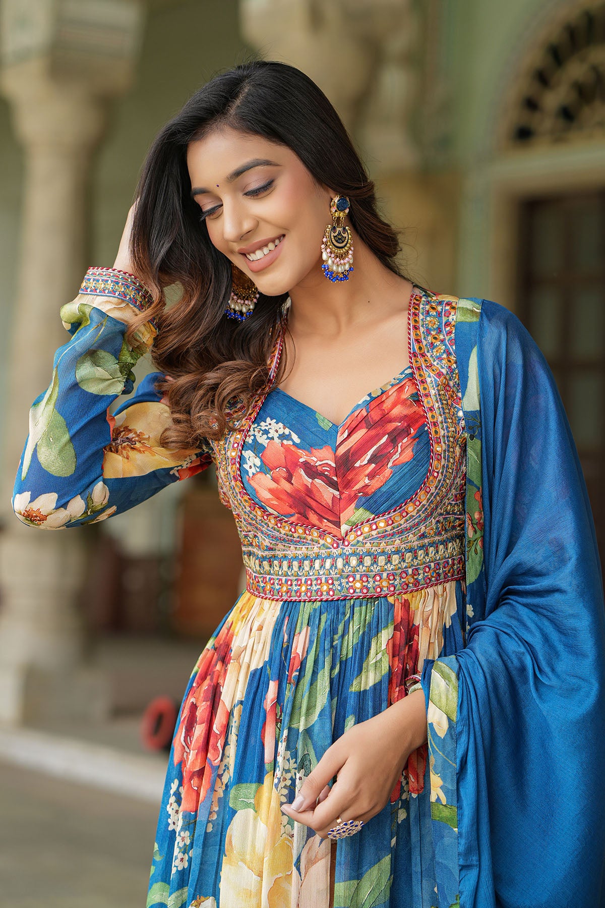 Blue Floral Chinon Anarkali Suit