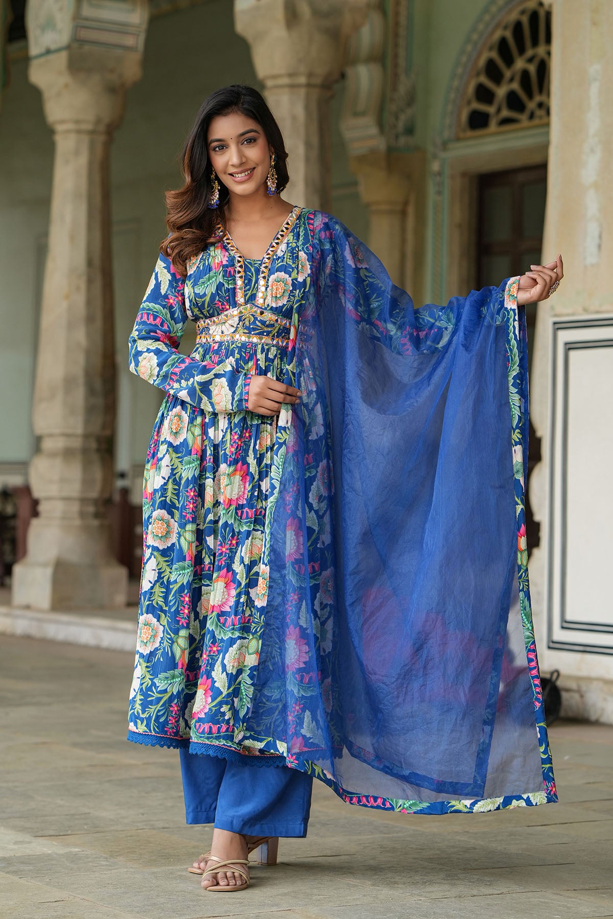 Blue Floral Viscose Crepe Handwork Anarkali Suit